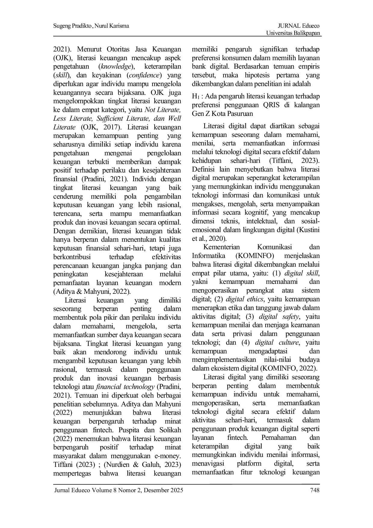 JURIS Pengaruh Literasi Keuangan dan Literasi Digital Terhadap Preferensi Penggunaan QRIS Di Kalangan Gen Z Kota Pasuruan