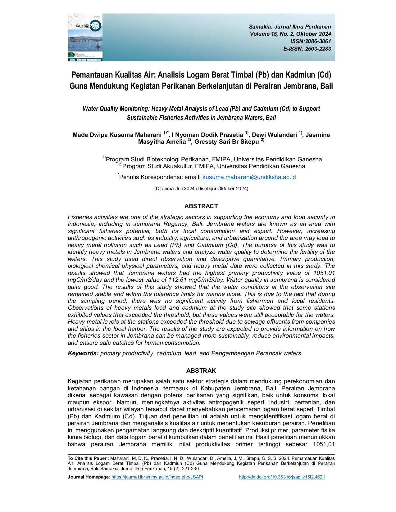 JURIS Pemantauan Kualitas Air Analisis Logam Berat Timbal Pb dan Kadmiun Cd Guna Mendukung Kegiatan Perikanan Berkelanjutan di Perairan Jembrana Bali