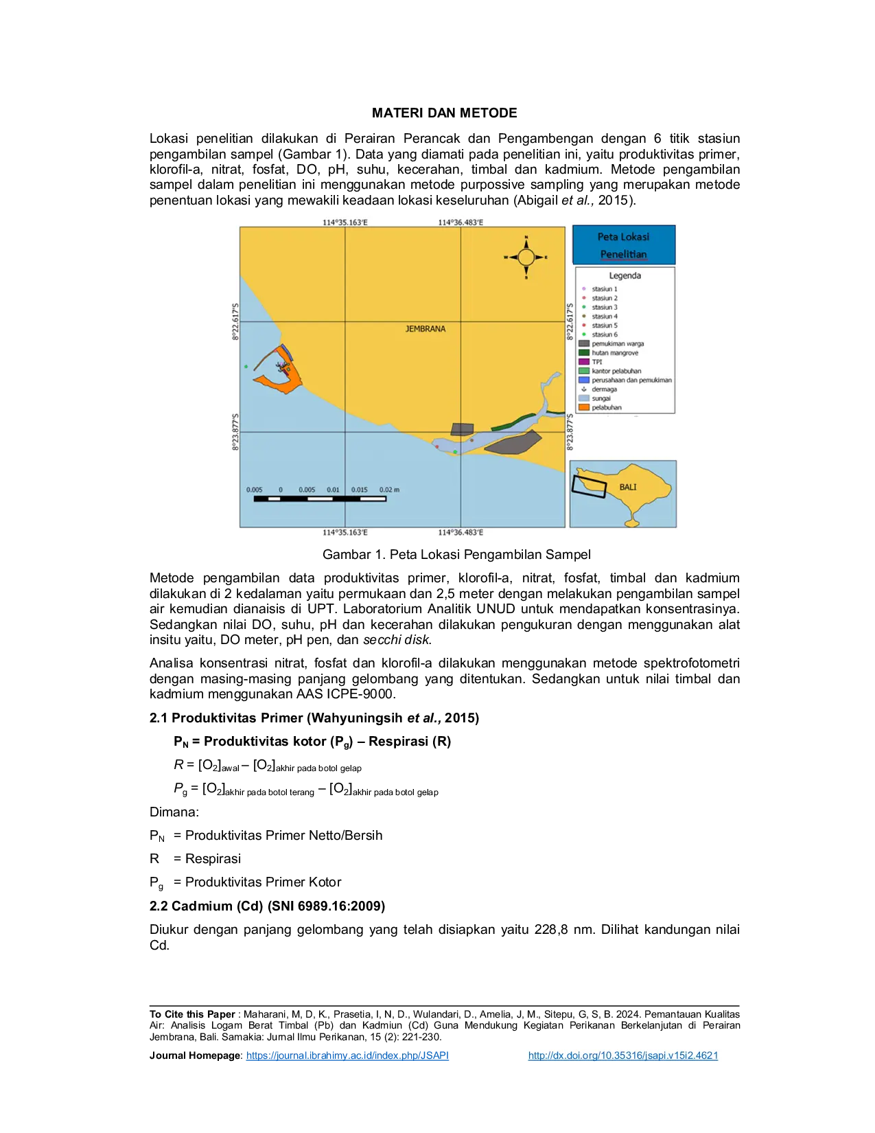 JURIS Pemantauan Kualitas Air Analisis Logam Berat Timbal Pb dan Kadmiun Cd Guna Mendukung Kegiatan Perikanan Berkelanjutan di Perairan Jembrana Bali