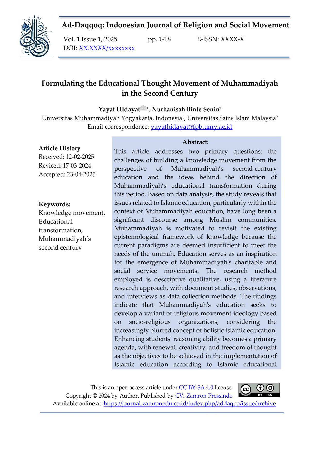 JURIS Formulating the Educational Thought Movement of Muhammadiyah in the Second Century