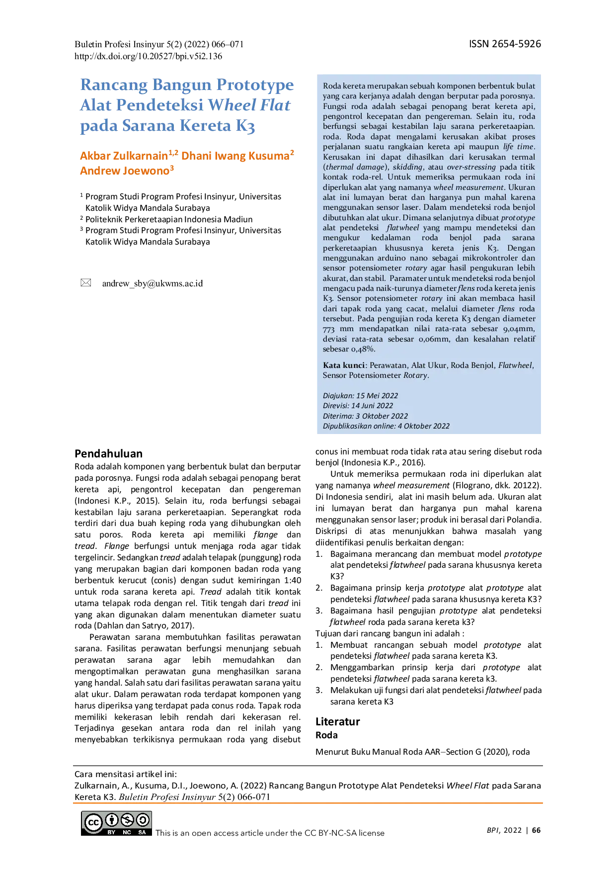 JURIS Rancang Bangun Prototype Alat Pendeteksi Wheel Flat pada Sarana Kereta K3