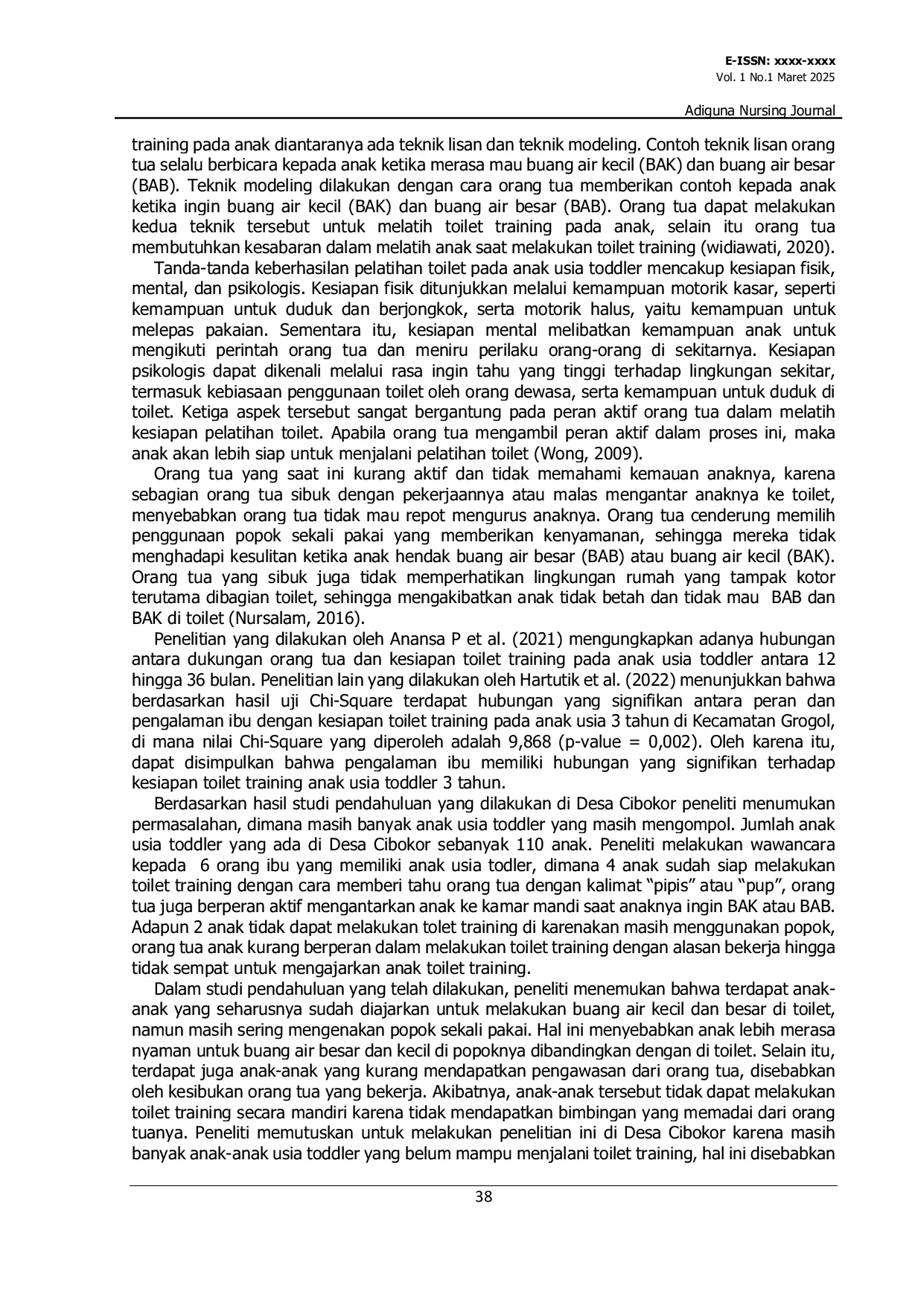 JURIS Hubungan Peran Orang Tua Dengan Kesiapan Toilet Training Pada Anak Toddler Di Desa Cibokor Kecamatan Cibeber Kabupaten Cianjur