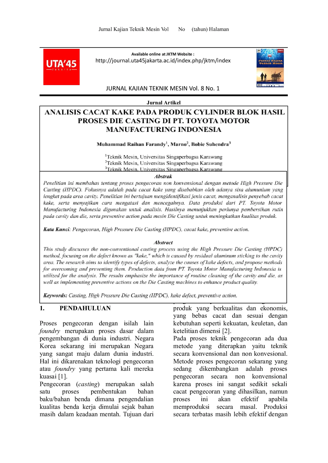 JURIS Analisis Cacat Kake pada Produk Cylinder Blok hasil Die Casting di PT Toyota Motor Manufacturing Indonesia