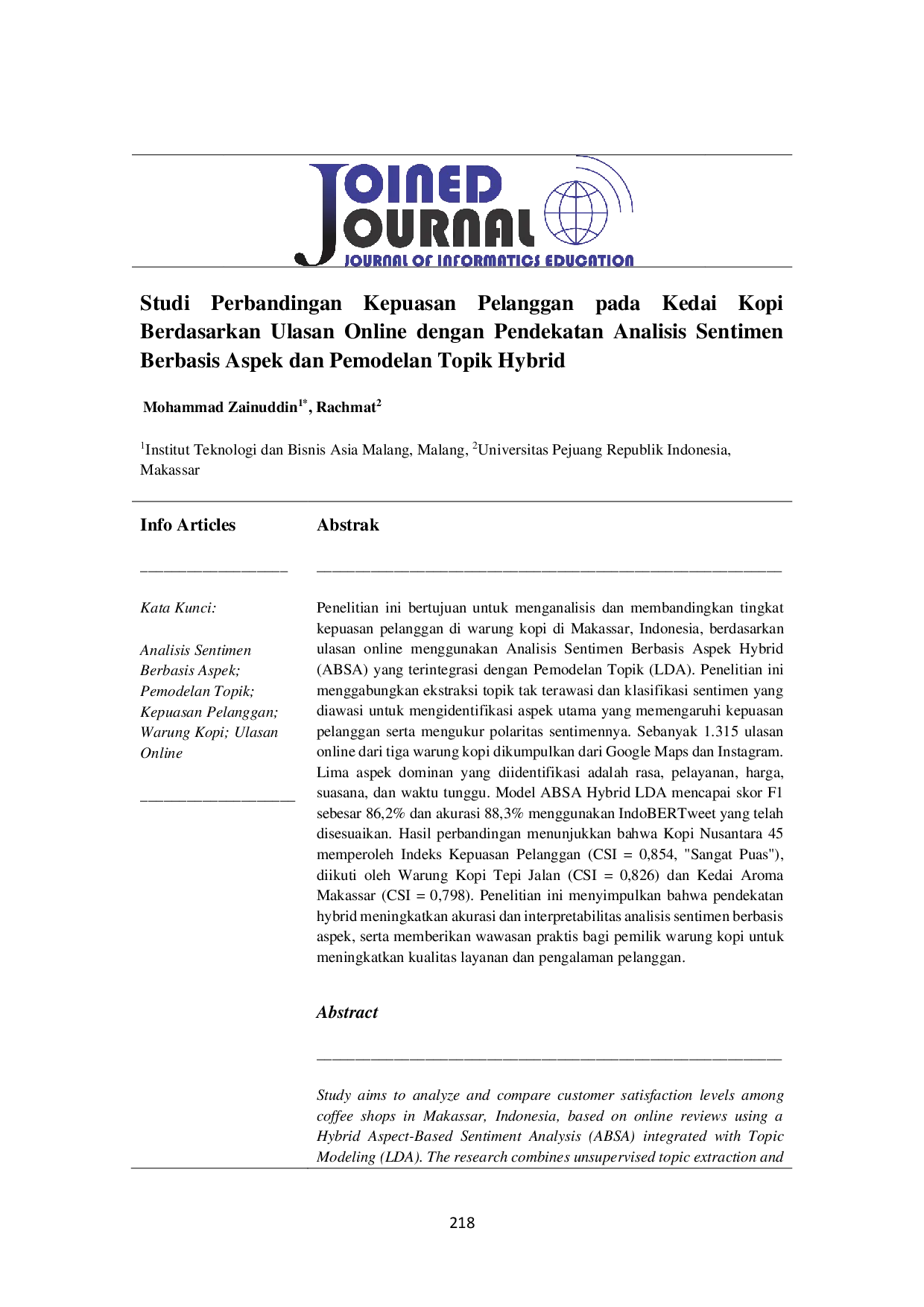 JURIS Studi Perbandingan Kepuasan Pelanggan pada Kedai Kopi Berdasarkan Ulasan Online dengan Pendekatan Analisis Sentimen Berbasis Aspek dan Pemodelan Topik Hybrid