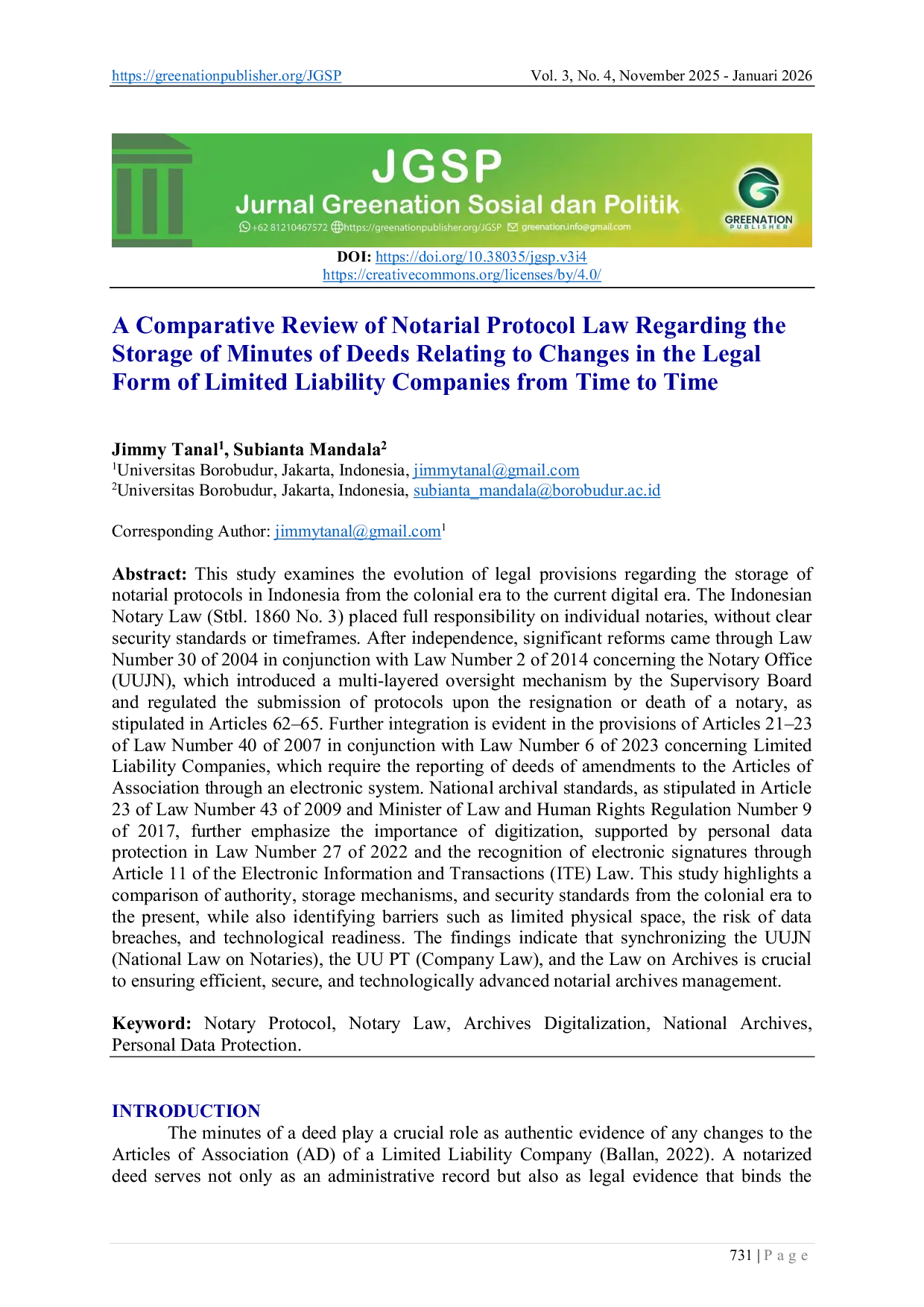 JURIS A Comparative Review of Notarial Protocol Law Regarding the Storage of Minutes of Deeds Relating to Changes in the Legal Form of Limited Liability Companies from Time to Time