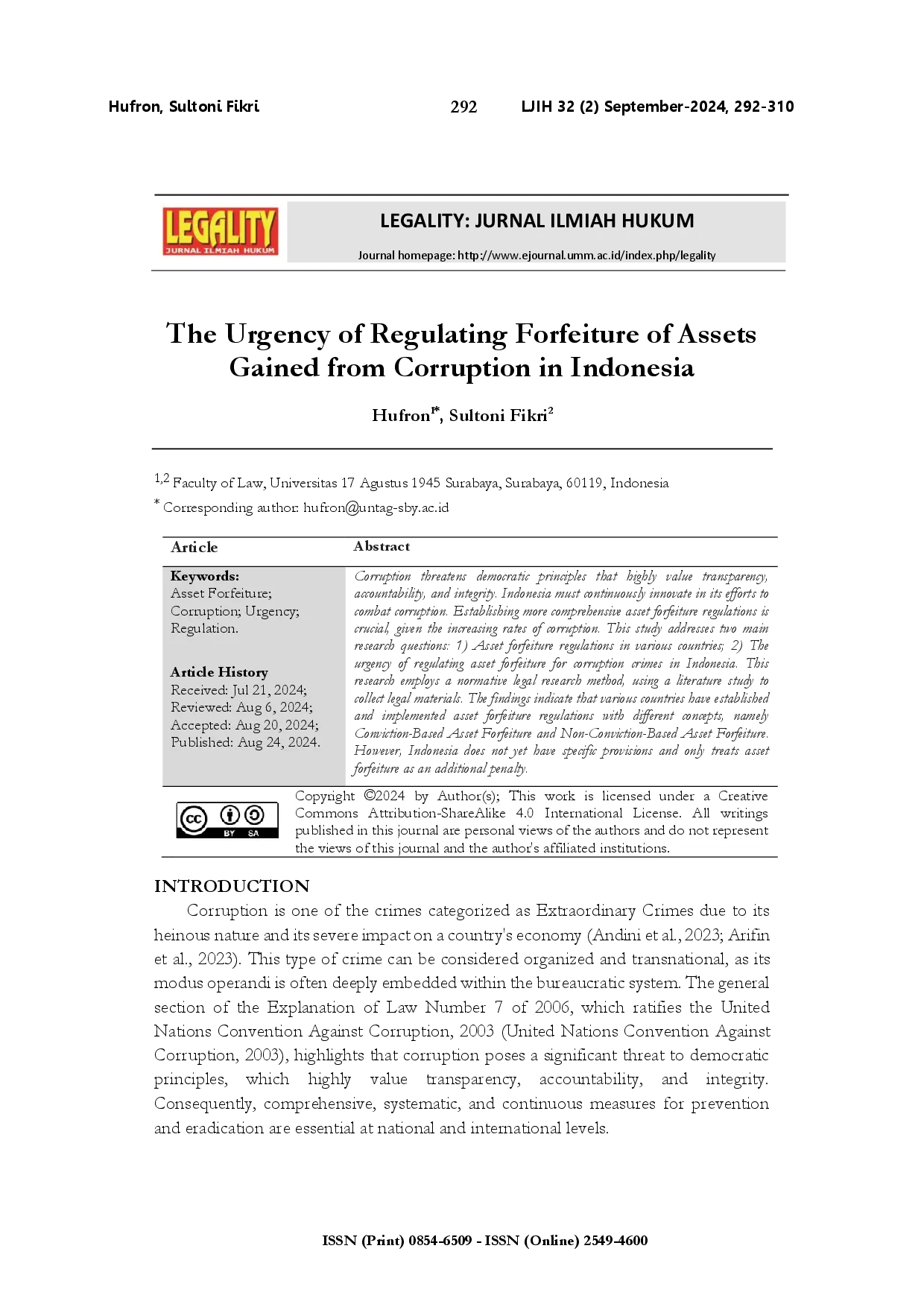 juris The urgency of regulating forfeiture of assets gained from corruption in Indonesia