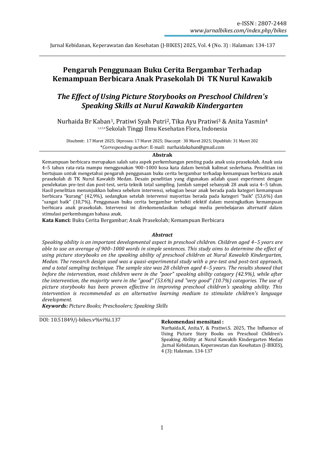 JURIS Pengaruh Penggunaan Buku Cerita Bergambar Terhadap Kemampuan Berbicara Anak Prasekolah Di TK Nurul Kawakib Medan