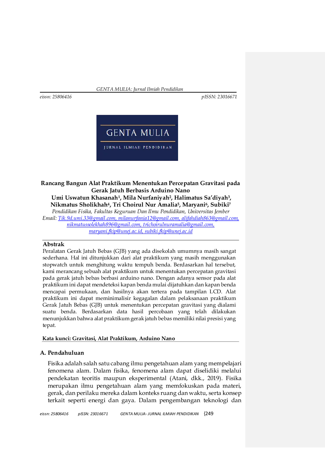 JURIS Rancang Bangun Alat Praktikum Menentukan Percepatan Gravitasi pada Gerak Jatuh Berbasis Arduino Nano