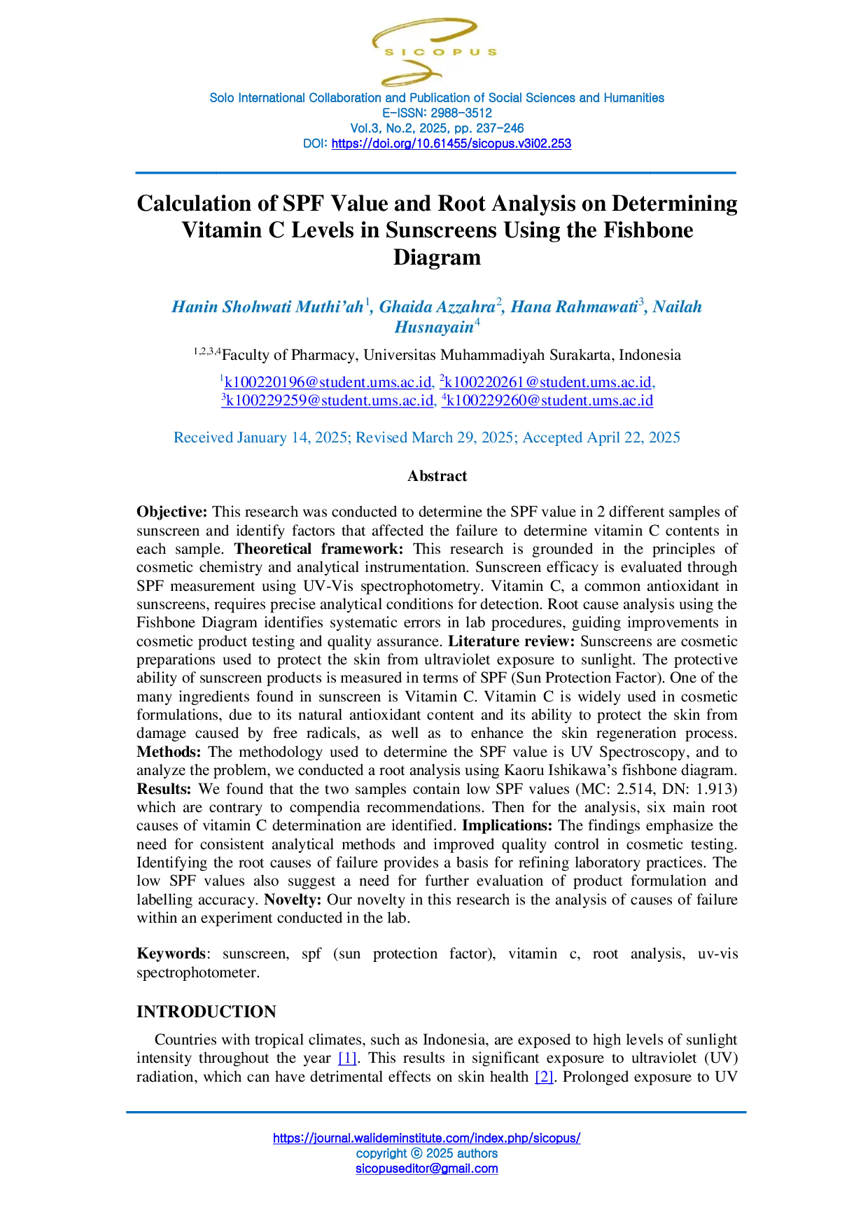 JURIS Calculation of SPF Value and Root Analysis on Determining Vitamin C Levels in Sunscreens Using the Fishbone Diagram