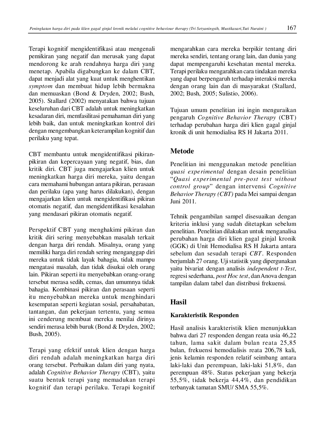 juris Peningkatkan Harga Diri Pada Klien Gagal Ginjal Kronik Melalui Cognitive Behavior Therapy CBT