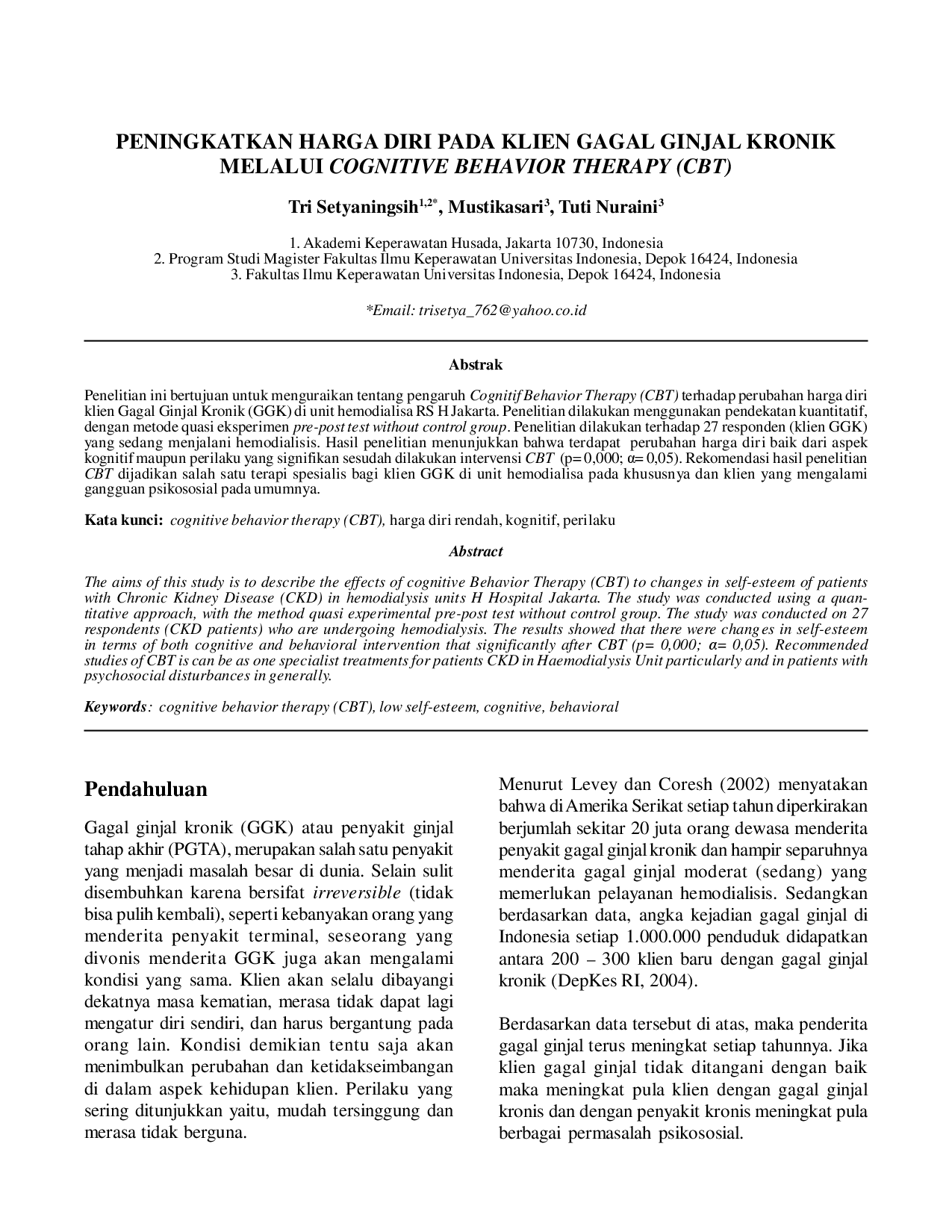 juris Peningkatkan Harga Diri Pada Klien Gagal Ginjal Kronik Melalui Cognitive Behavior Therapy CBT