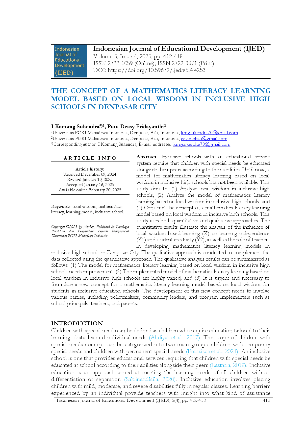 juris The Concept Of A Mathematics Literacy Learning Model Based On Local Wisdom In Inclusive High Schools In Denpasar City