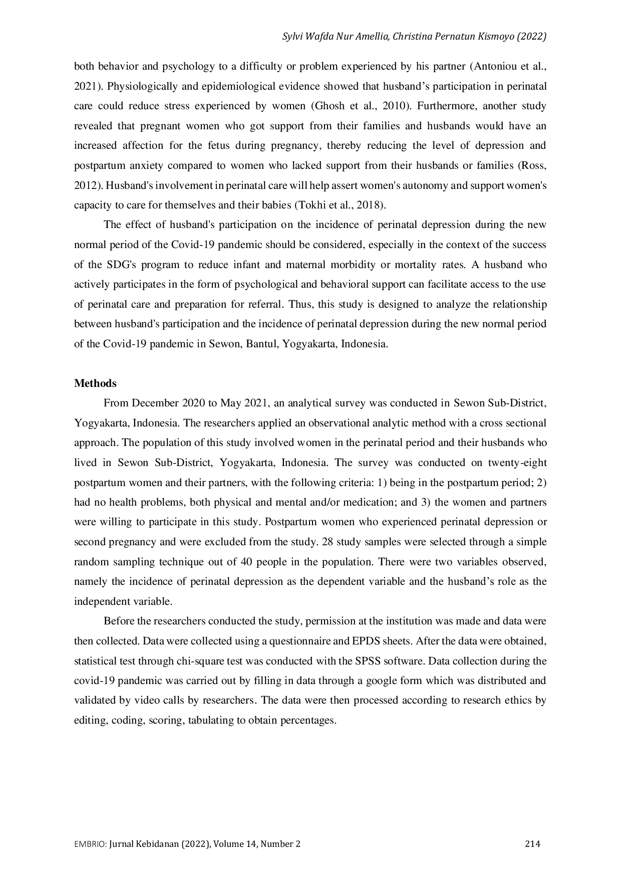 JURIS Peran Suami dalam Depresi Perinatal selama Masa New Normal Pandemi Covid 19 di Kecamatan Sewon