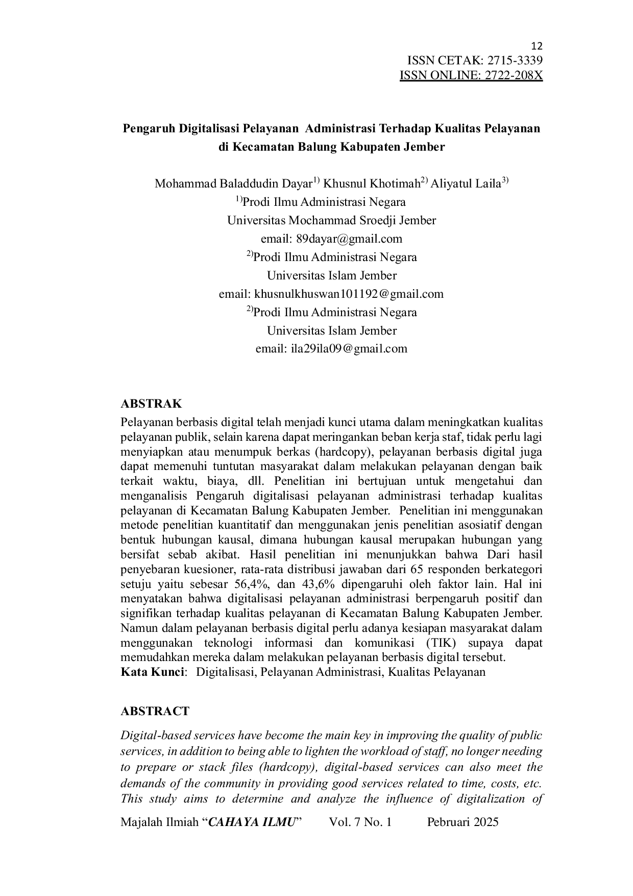 JURIS Pengaruh Digitalisasi Pelayanan Administrasi Terhadap Kualitas Pelayanan di Kecamatan Balung Kabupaten Jember