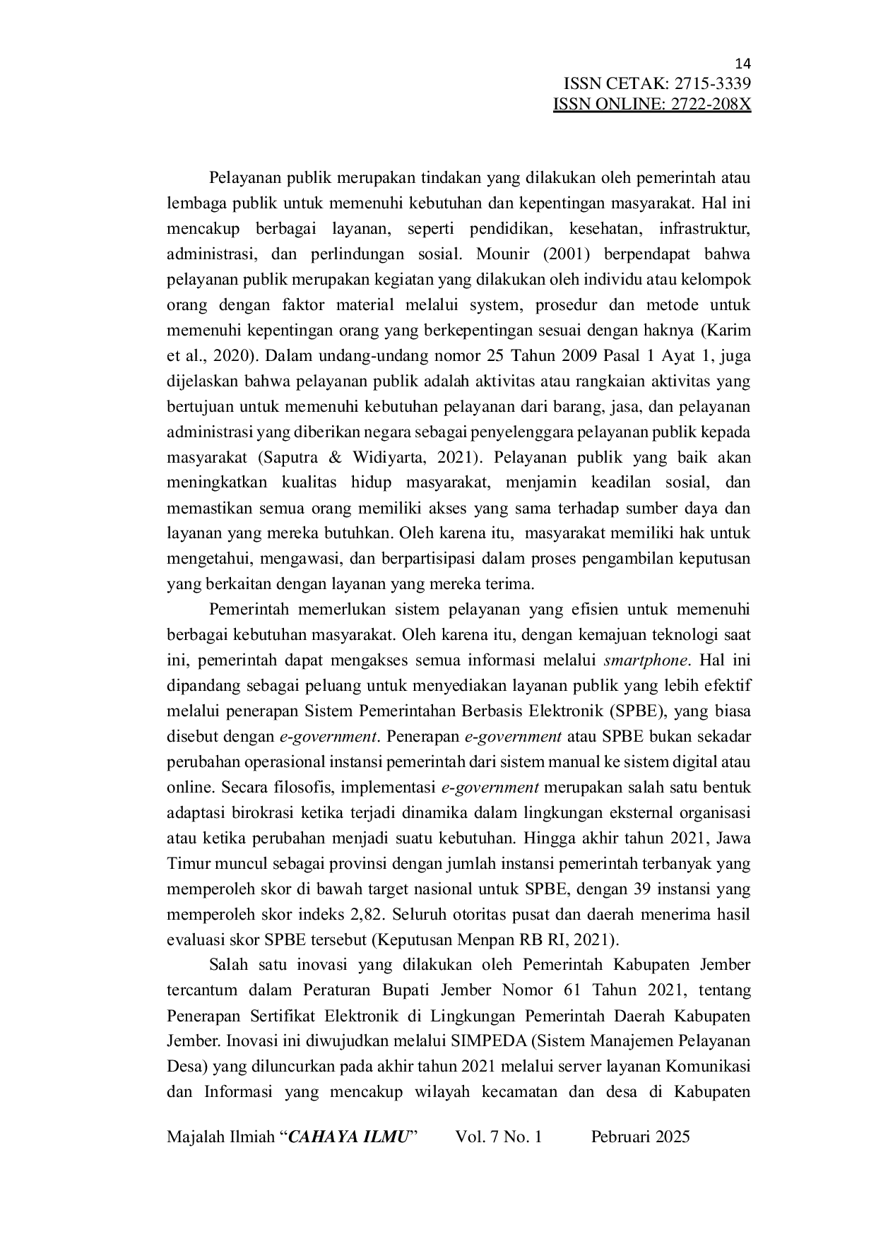 JURIS Pengaruh Digitalisasi Pelayanan Administrasi Terhadap Kualitas Pelayanan di Kecamatan Balung Kabupaten Jember