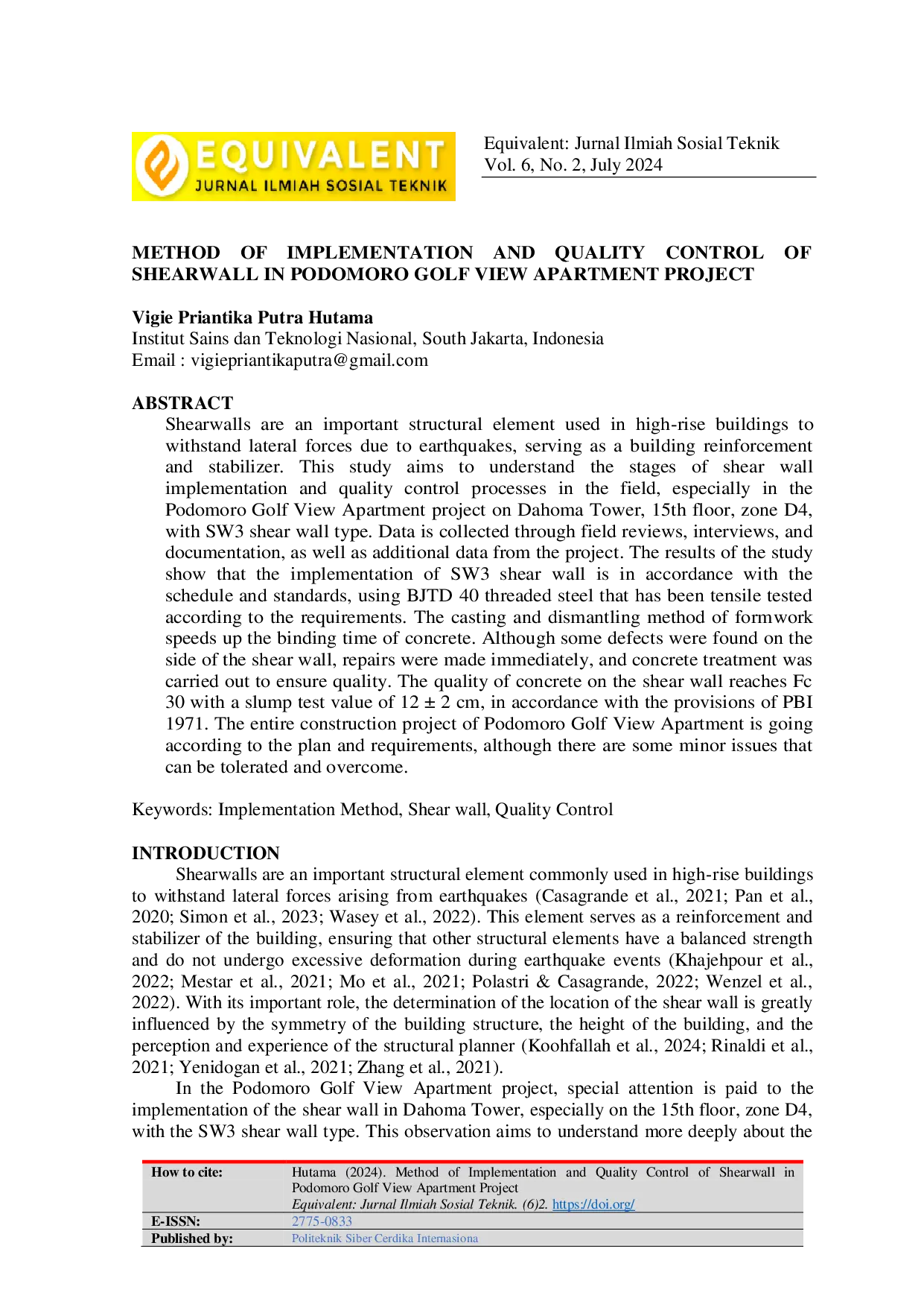 JURIS Method Of Implementation and Quality Control Of Shearwall In Podomoro Golf View Apartment Project
