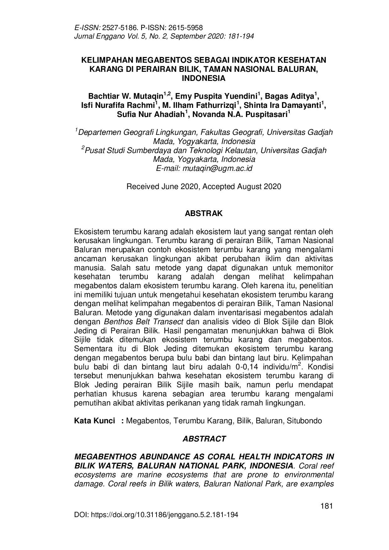 JURIS Kelimpahan Megabentos Sebagai Indikator Kesehatan Karang Di Perairan Bilik Taman Nasional Baluran Indonesia