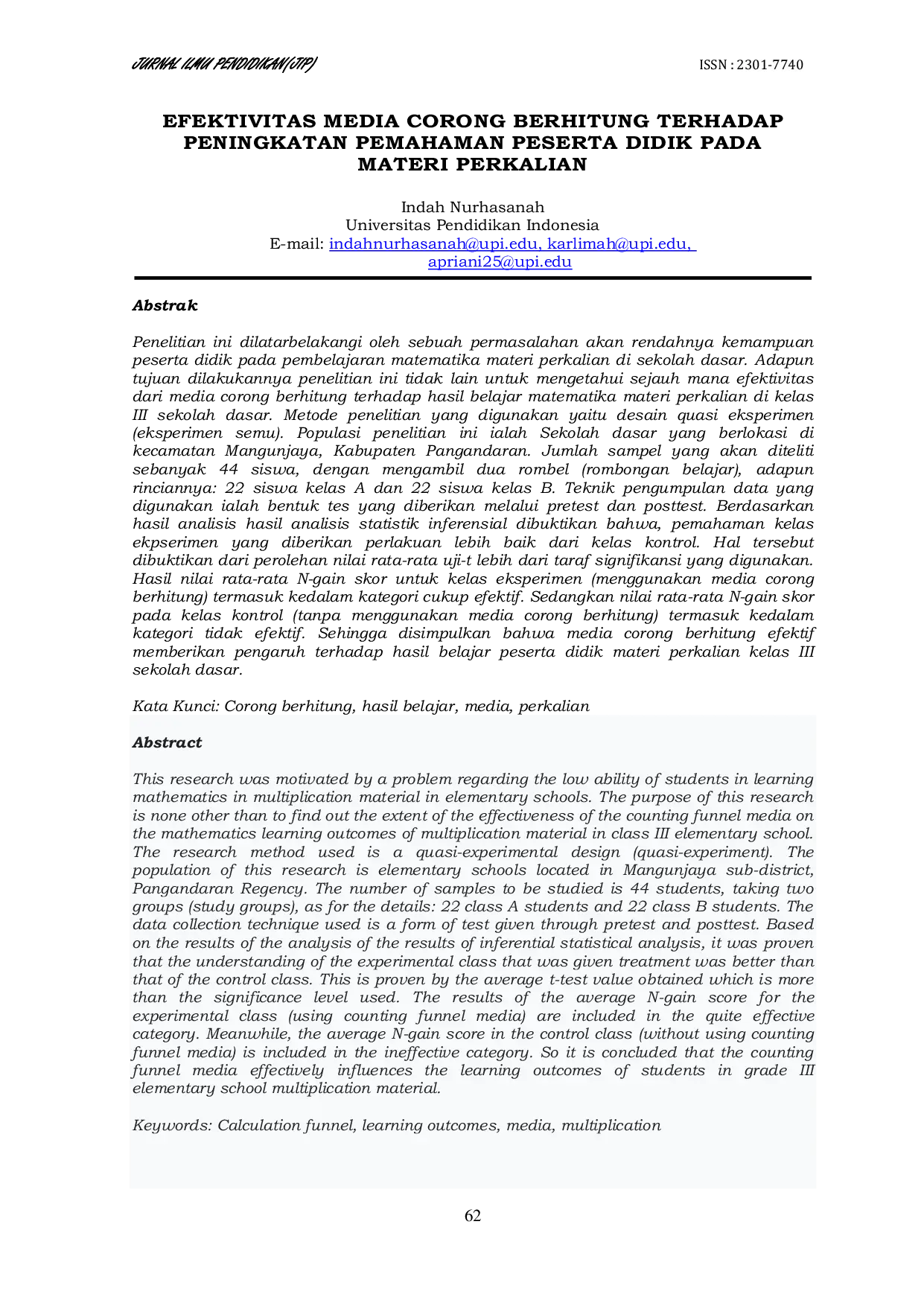 JURIS Effectiveness Of Counting Funnel Media In Improving Students Understanding Of Multiplication Material