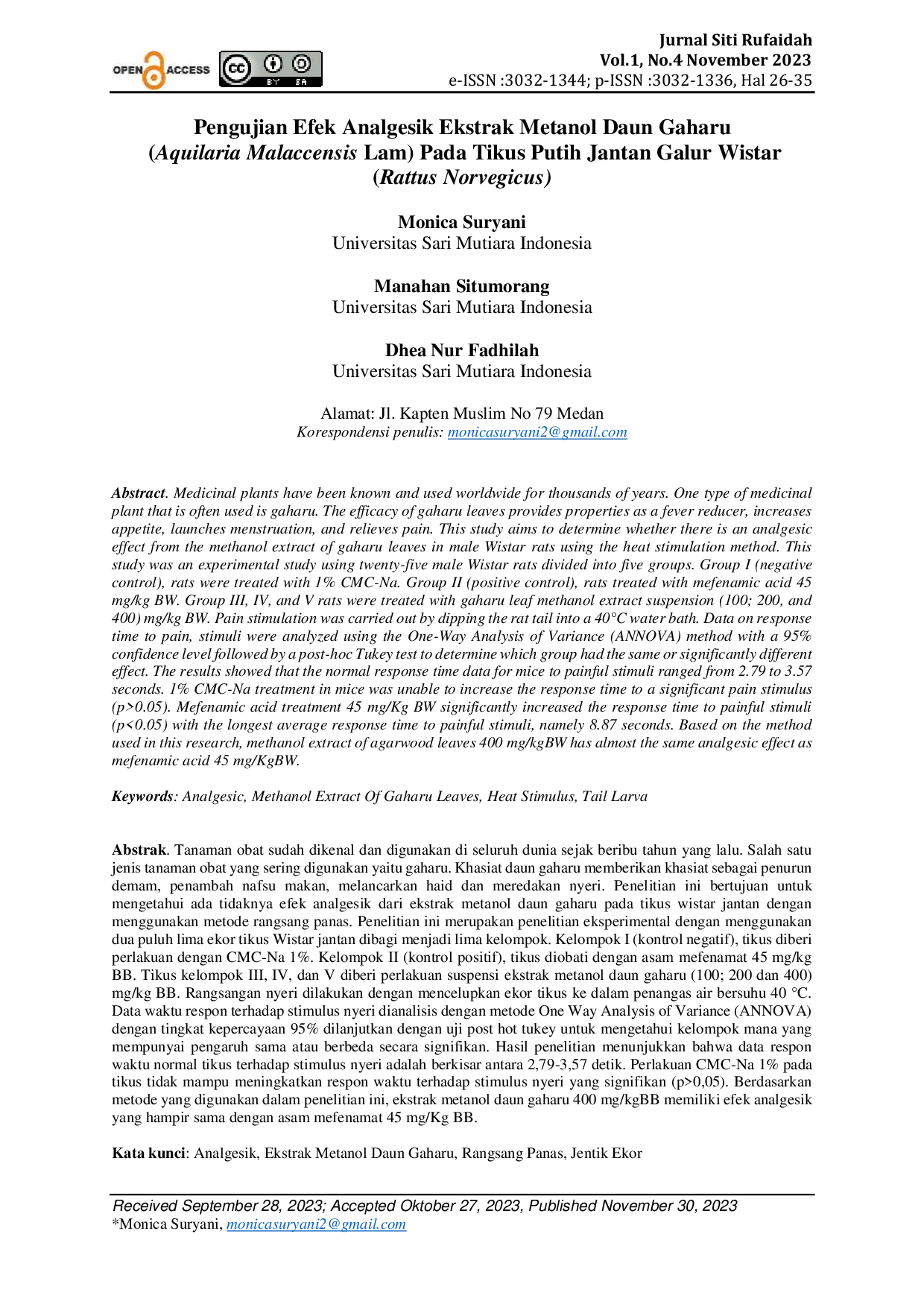 JURIS Pengujian Efek Analgesik Ekstrak Metanol Daun Gaharu Aquilaria Malaccensis Lam Pada Tikus Putih Jantan Galur Wistar Rattus Norvegicus