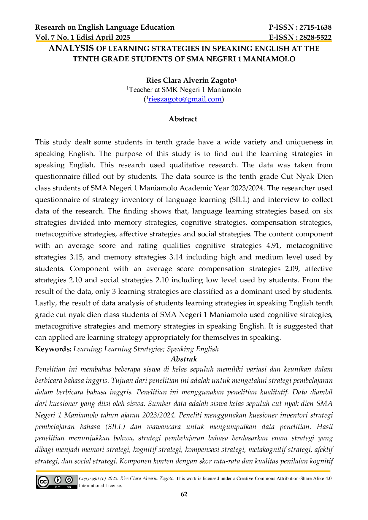 JURIS ANALYSIS OF LEARNING STRATEGIES IN SPEAKING ENGLISH AT THE TENTH GRADE STUDENTS OF SMA NEGERI 1 MANIAMOLO