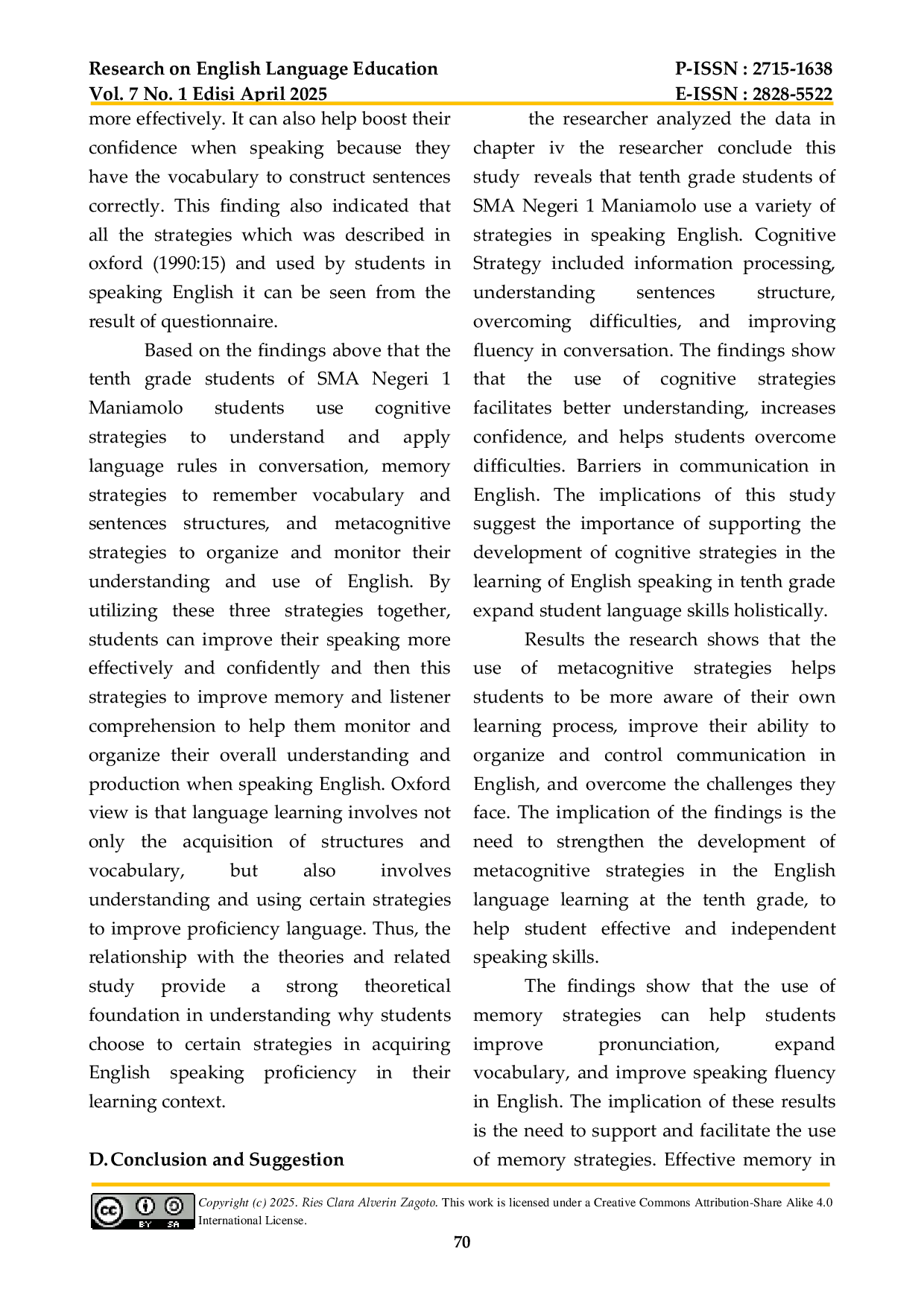 JURIS ANALYSIS OF LEARNING STRATEGIES IN SPEAKING ENGLISH AT THE TENTH GRADE STUDENTS OF SMA NEGERI 1 MANIAMOLO