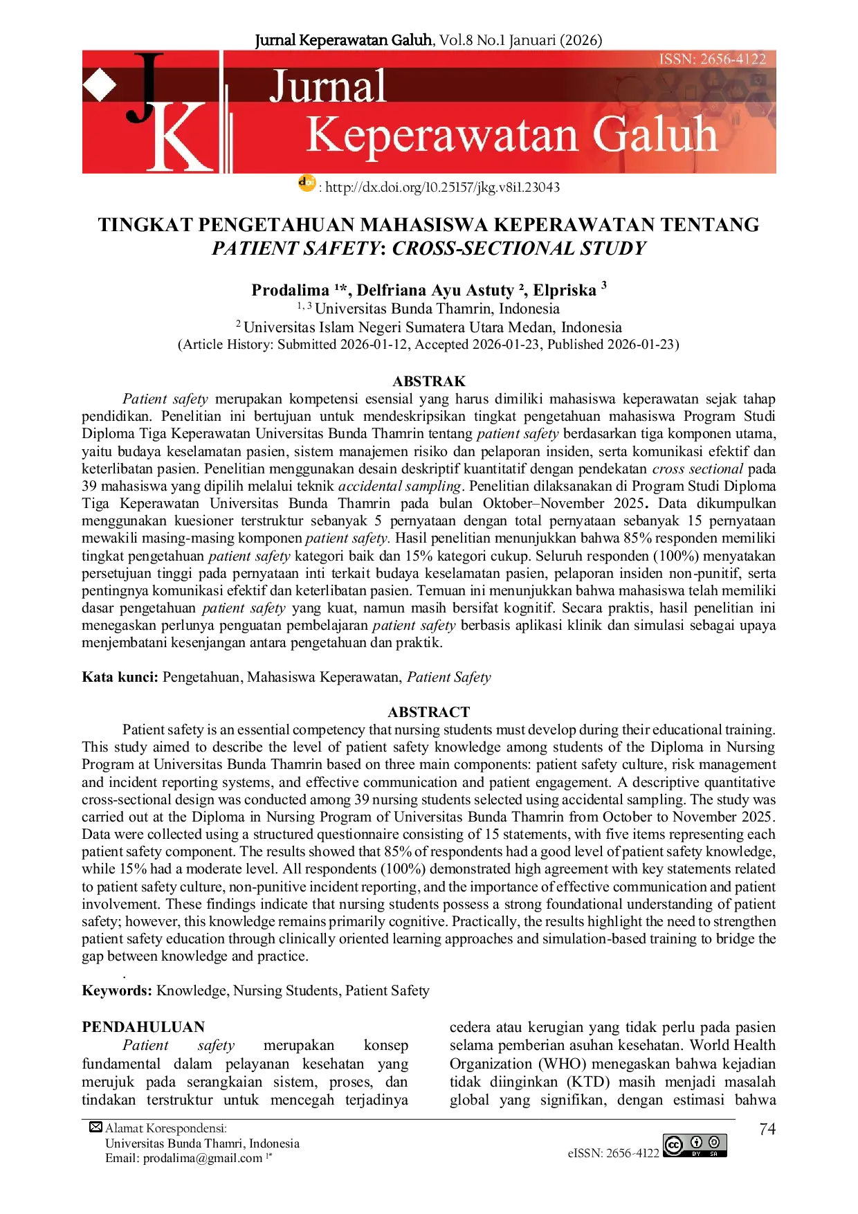 JURIS Tingkat Pengetahuan Mahasiswa Keperawatan Tentang Patient Safety Cross Sectional Study