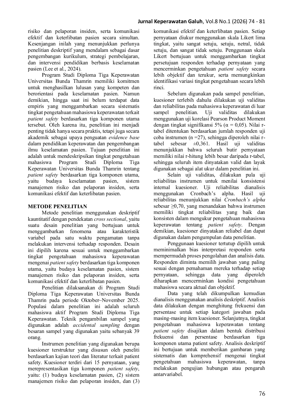 JURIS Tingkat Pengetahuan Mahasiswa Keperawatan Tentang Patient Safety Cross Sectional Study