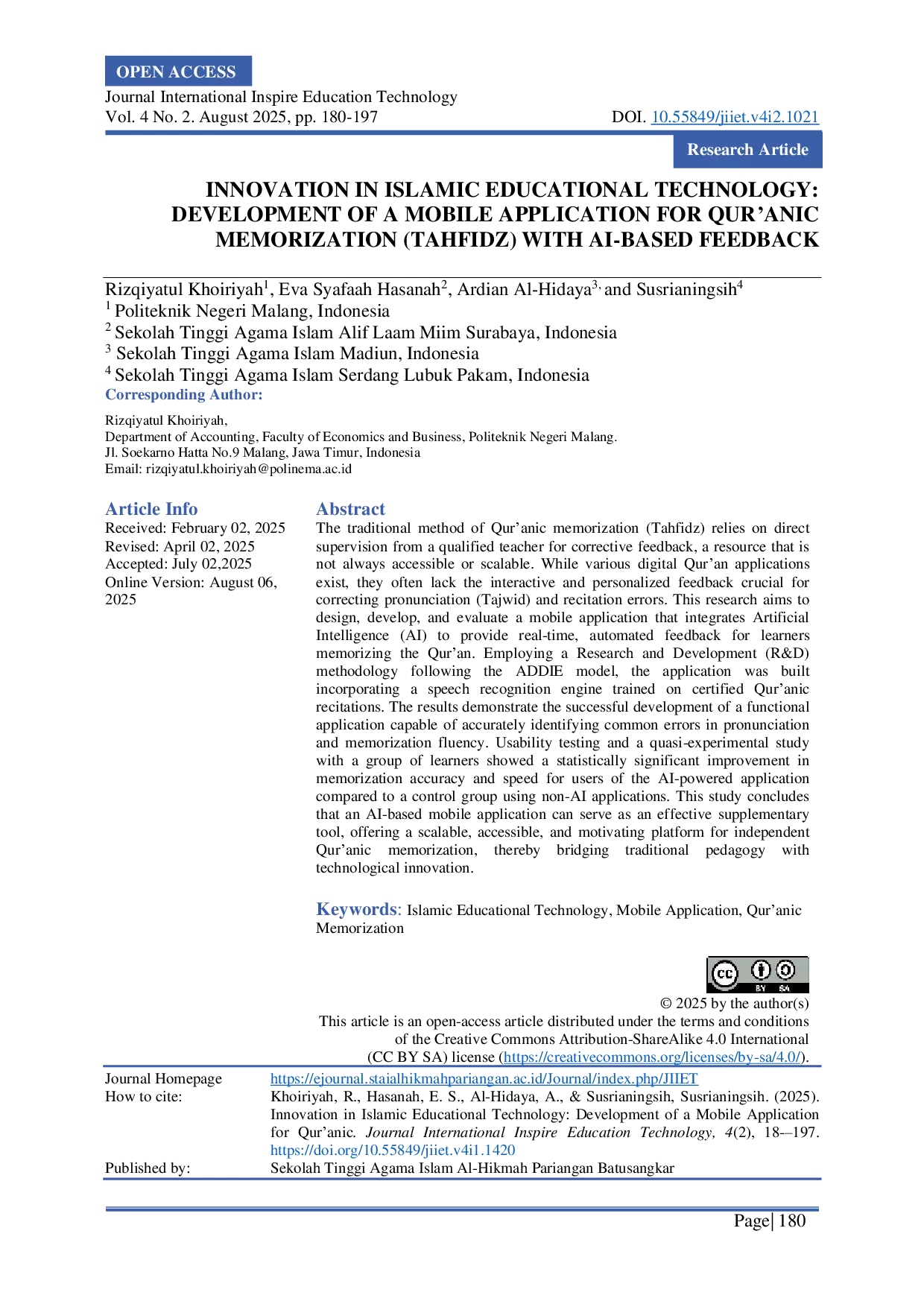JURIS Innovation In Islamic Educational Technology Development Of A Mobile Application For Qur anic Memorization Tafhidz With AI Based Feedback