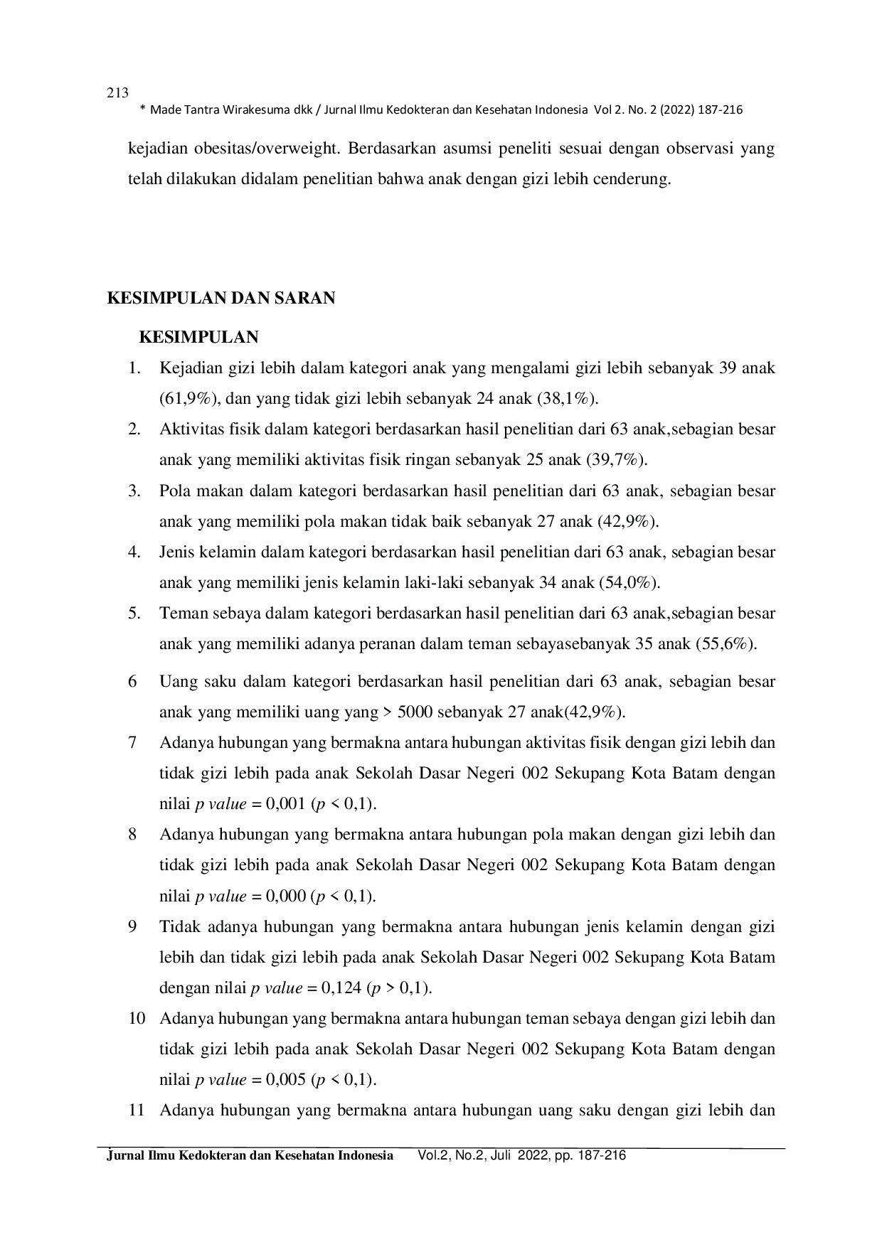JURIS Hubungan Aktivitas Fisik Pola Makan Jenis Kelamin Teman Sebaya Dan Uang Saku Dengan Kejadian Gizi Lebih Pada Anak Di Sekolah Dasar Negeri 002 Sekupang Kota Batam Tahun 2022
