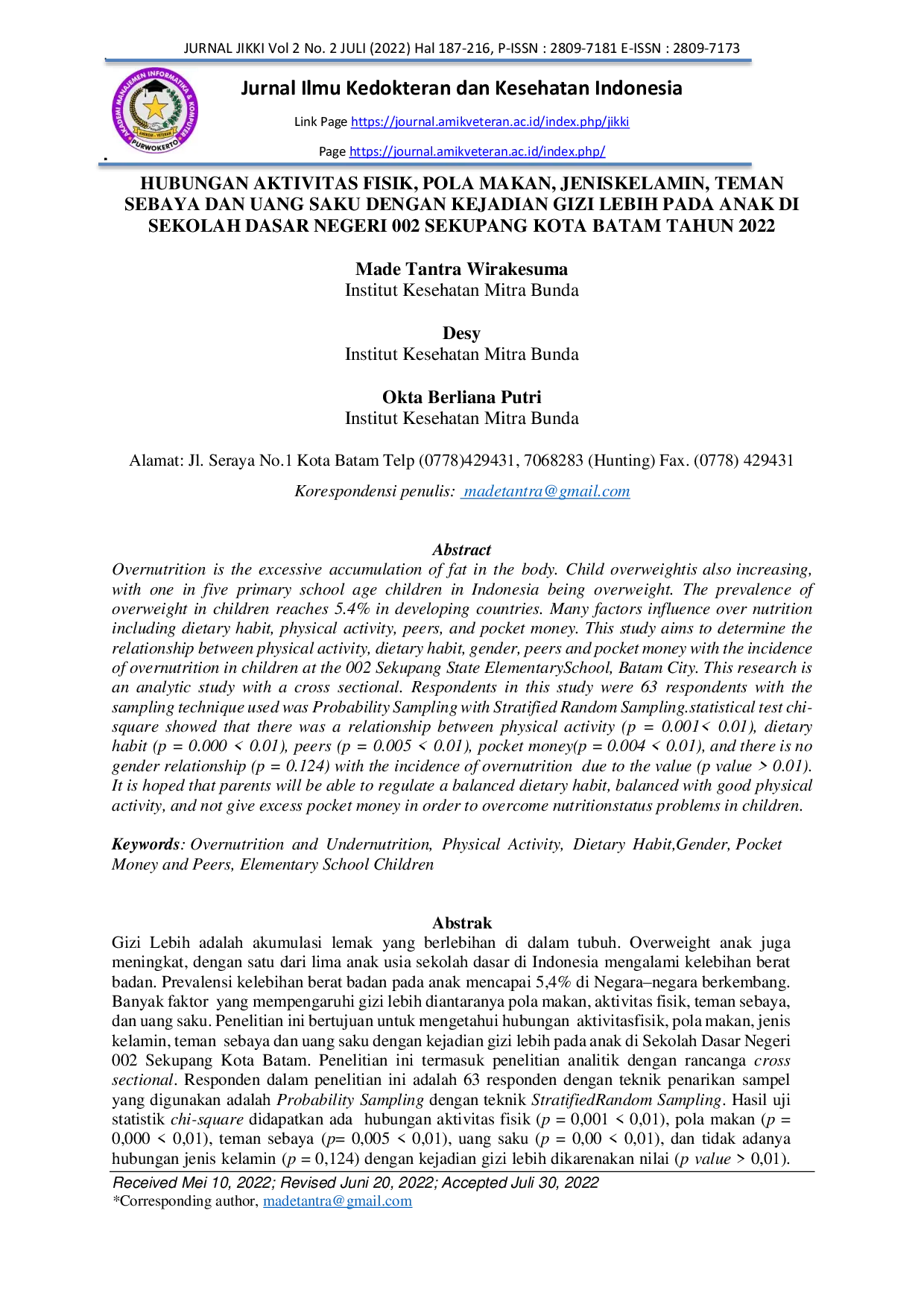 JURIS Hubungan Aktivitas Fisik Pola Makan Jenis Kelamin Teman Sebaya Dan Uang Saku Dengan Kejadian Gizi Lebih Pada Anak Di Sekolah Dasar Negeri 002 Sekupang Kota Batam Tahun 2022