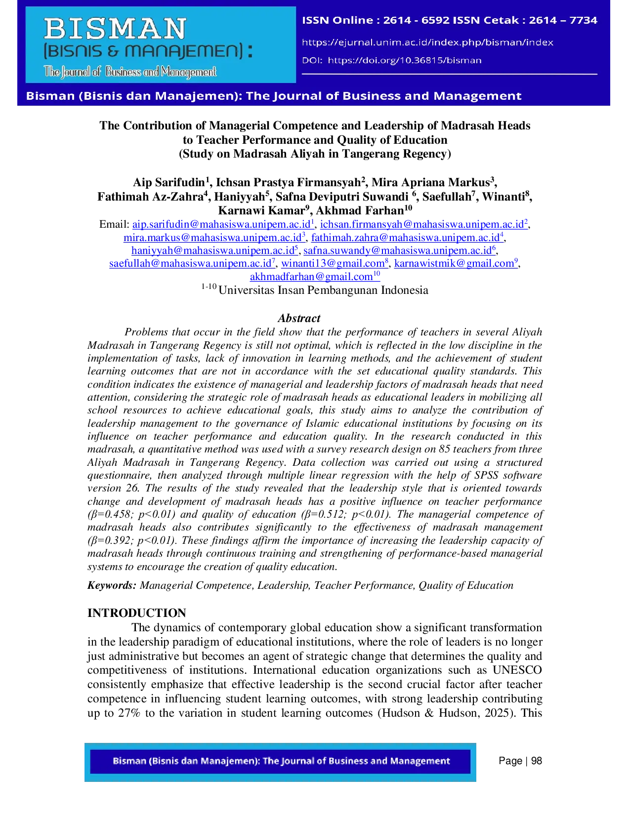 JURIS The Contribution of Managerial Competence and Leadership of Madrasah Heads to Teacher Performance and Quality of Education