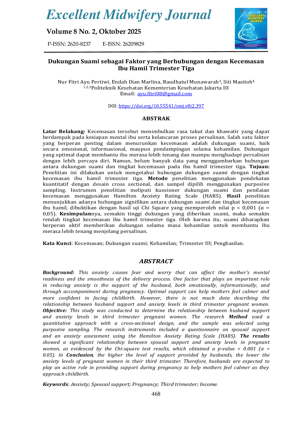 JURIS Dukungan Suami sebagai Faktor yang Berhubungan dengan Kecemasan Ibu Hamil Trimester Tiga