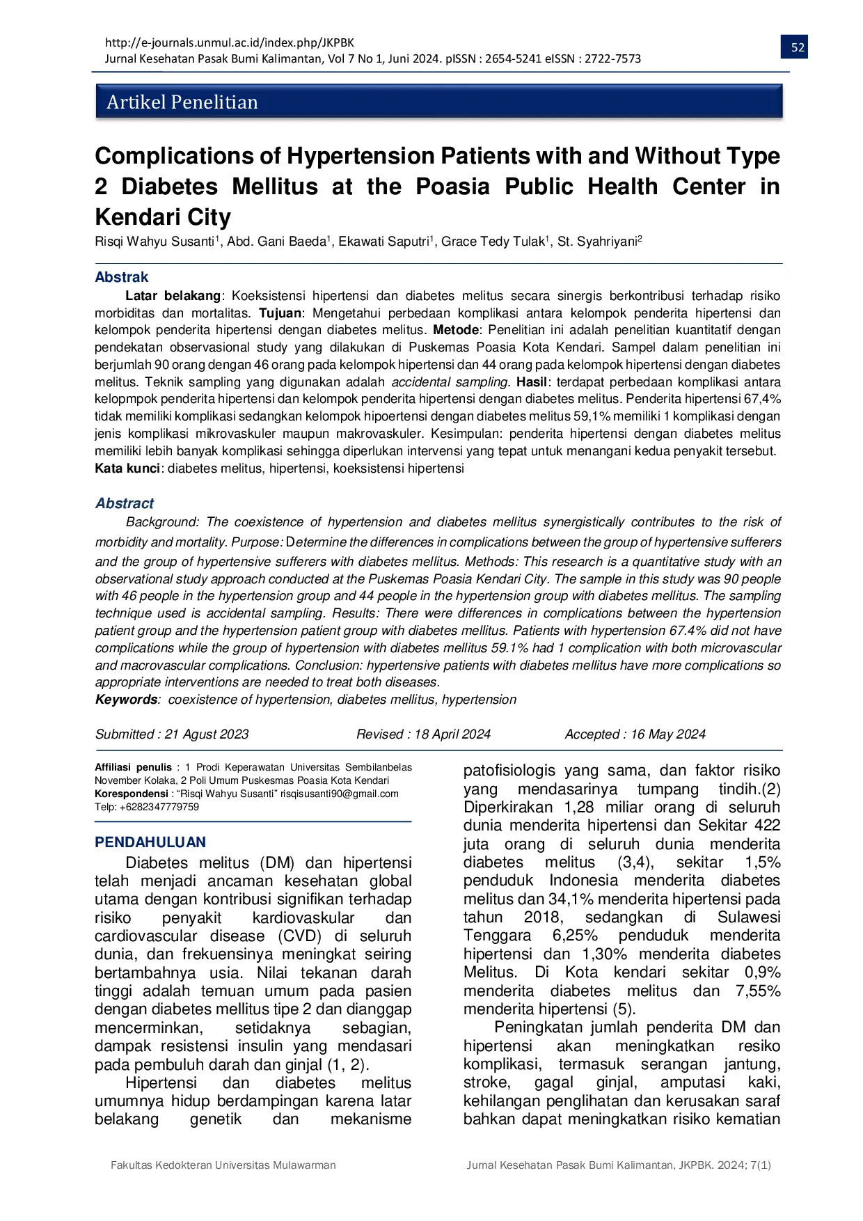 JURIS Complications of Hypertension Patients with and Without Type 2 Diabetes Mellitus at the Poasia Public Health Center in Kendari City