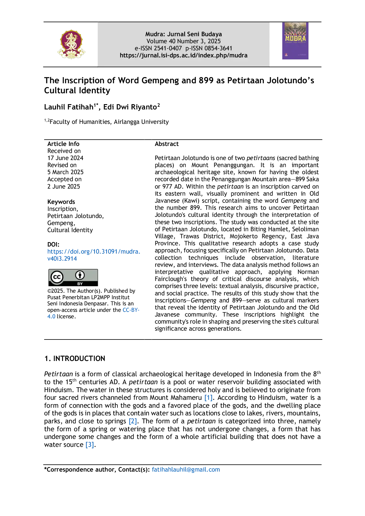 JURIS The Inscription of Word Gempeng and 899 as Petirtaan Jolotundo s Cultural Identity