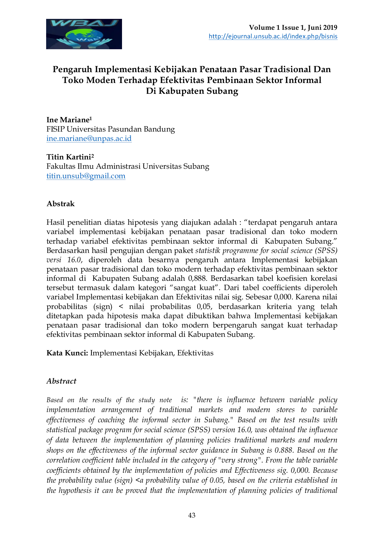 JURIS Pengaruh Implementasi Kebijakan Penataan Pasar Tradisional Dan Toko Moden Terhadap Efektivitas Pembinaan Sektor Informal Di Kabupaten Subang