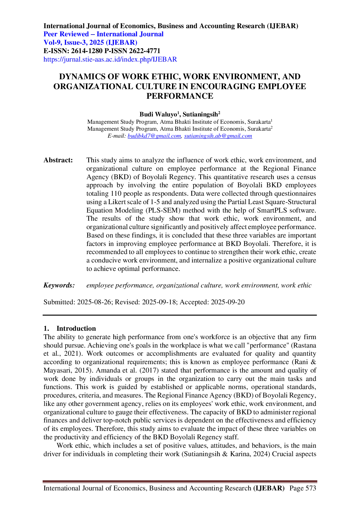 juris Dynamics of Work Ethic Work Environment and Organizational Culture in Encouraging Employee Performance