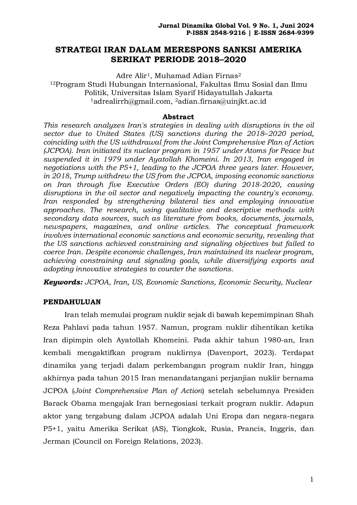 JURIS Strategi Iran dalam Merespons Sanksi Amerika Serikat Periode 2018 2020