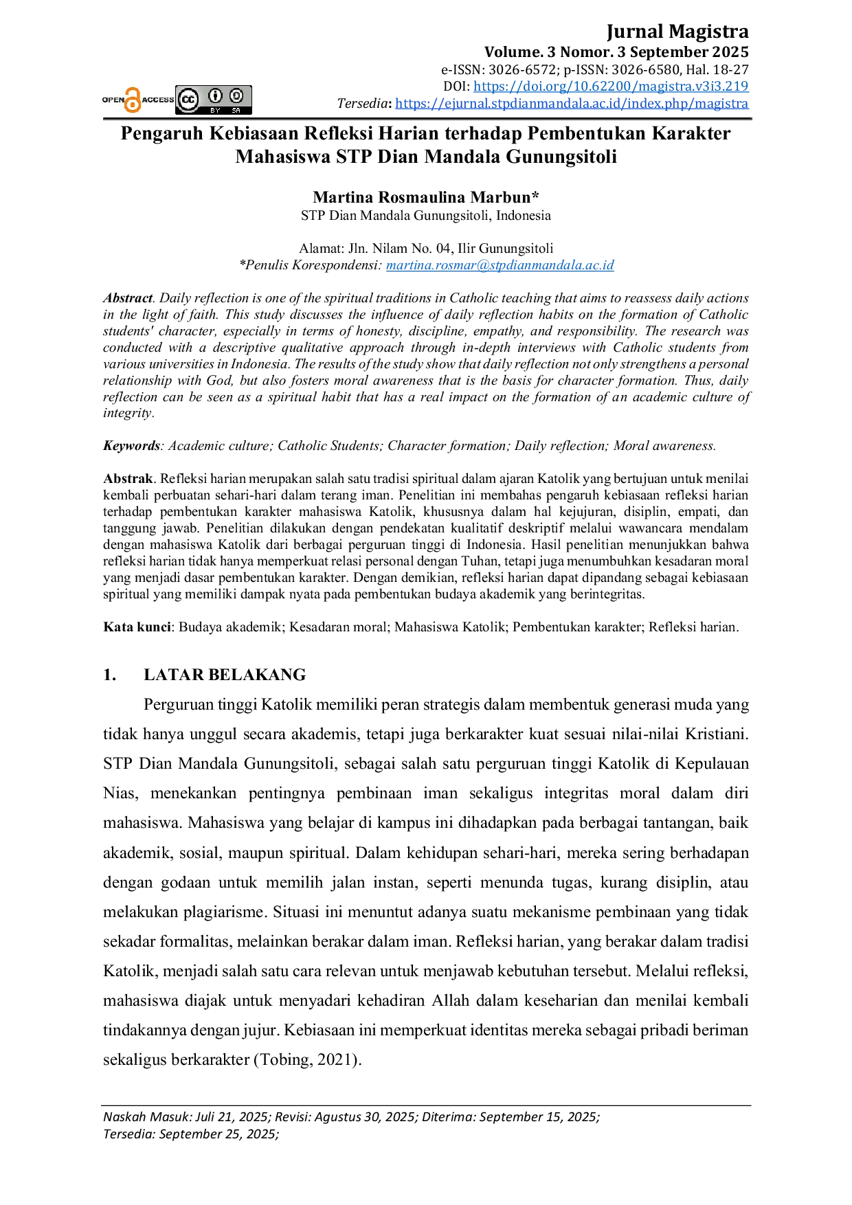 JURIS Pengaruh Kebiasaan Refleksi Harian Terhadap Pembentukan Karakter Mahasiswa STP Dian Mandala Gunungsitoli
