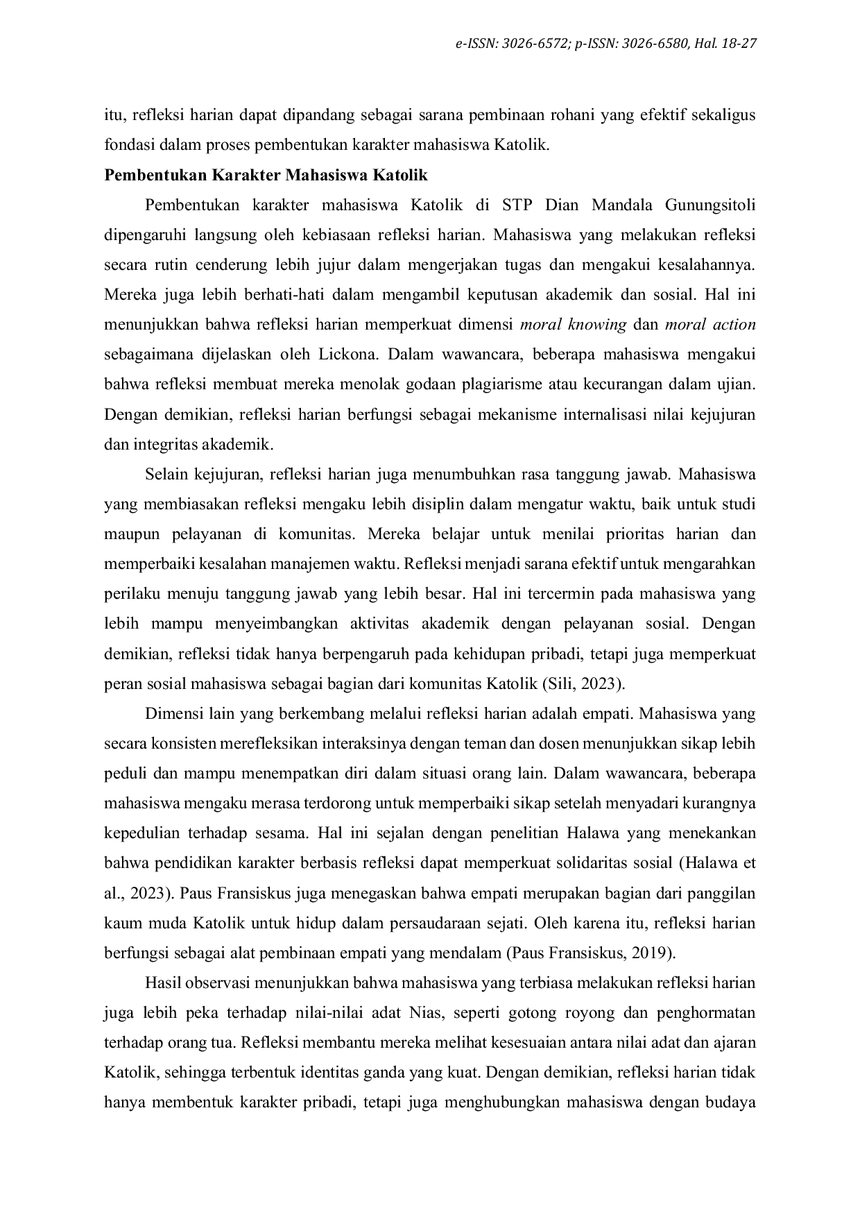 JURIS Pengaruh Kebiasaan Refleksi Harian Terhadap Pembentukan Karakter Mahasiswa STP Dian Mandala Gunungsitoli