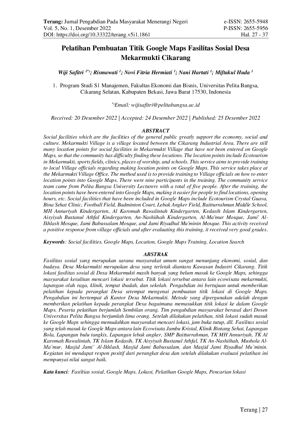 JURIS Pelatihan Pembuatan Titik Google Maps Fasilitas Sosial Desa Mekarmukti Cikarang