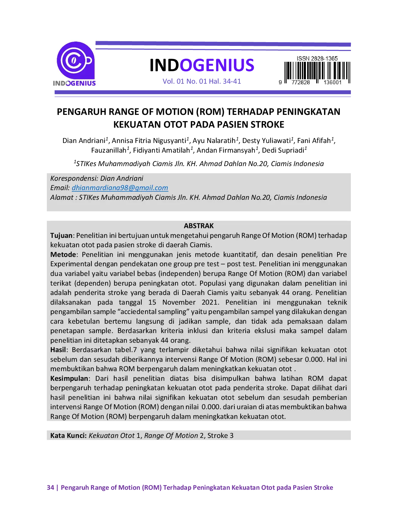 JURIS Pengaruh Range of Motion ROM Terhadap Peningkatan Kekuatan Otot Pada Pasien Stroke