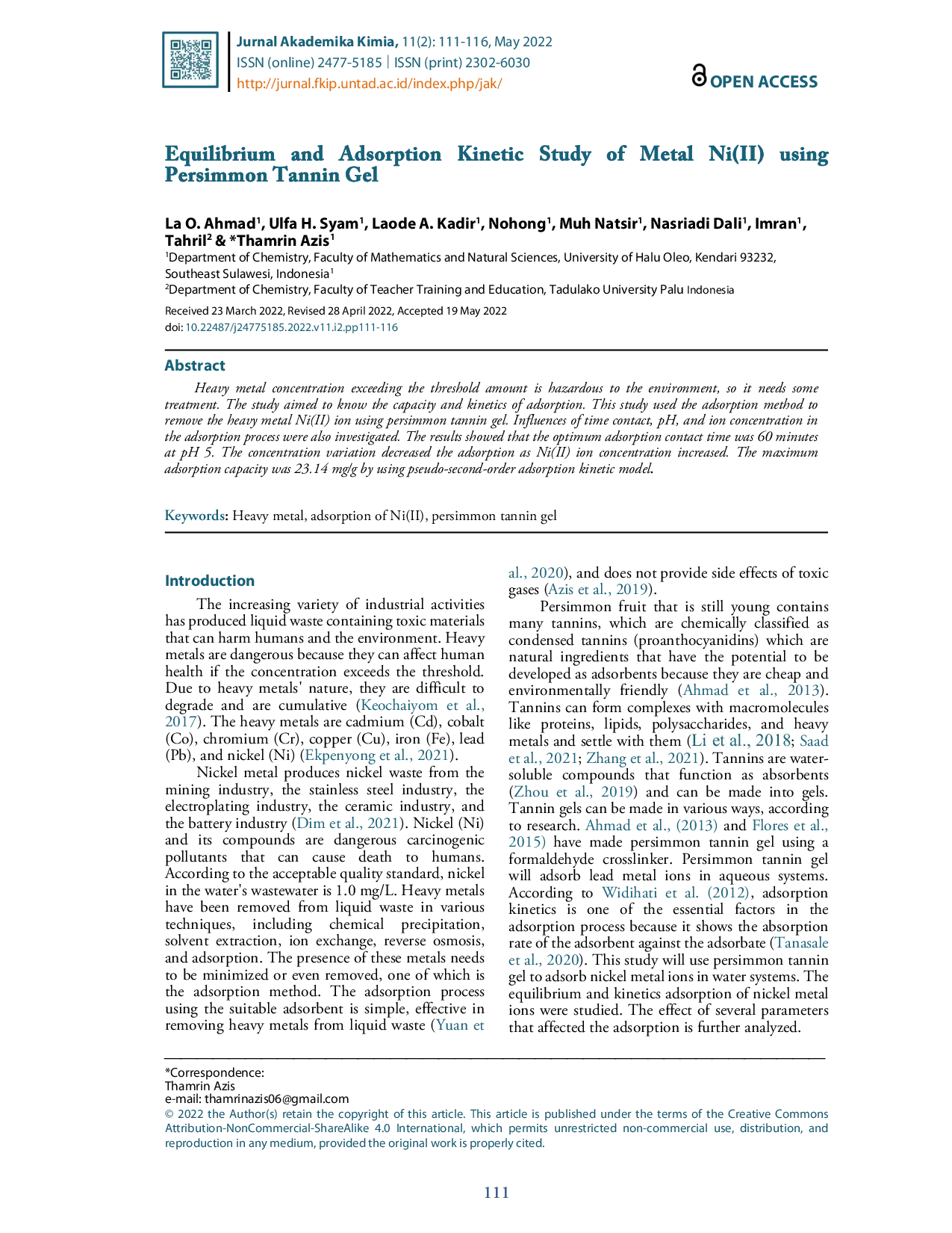 JURIS Equilibrium and Adsorption Kinetic Study of Metal Ni II using Persimmon Tannin Gel