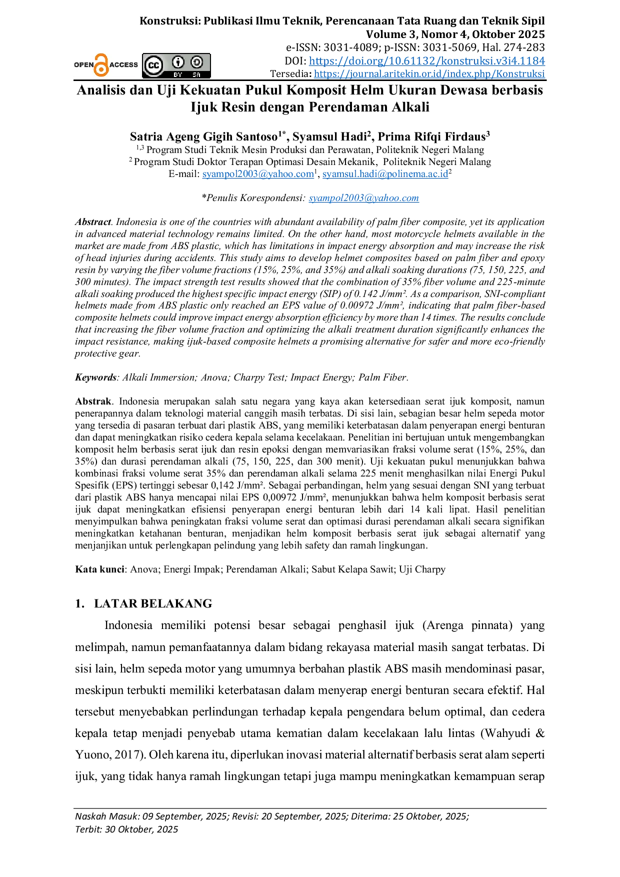 JURIS Analisis dan Uji Kekuatan Pukul Komposit Helm Ukuran Dewasa berbasis Ijuk Resin dengan Perendaman Alkali