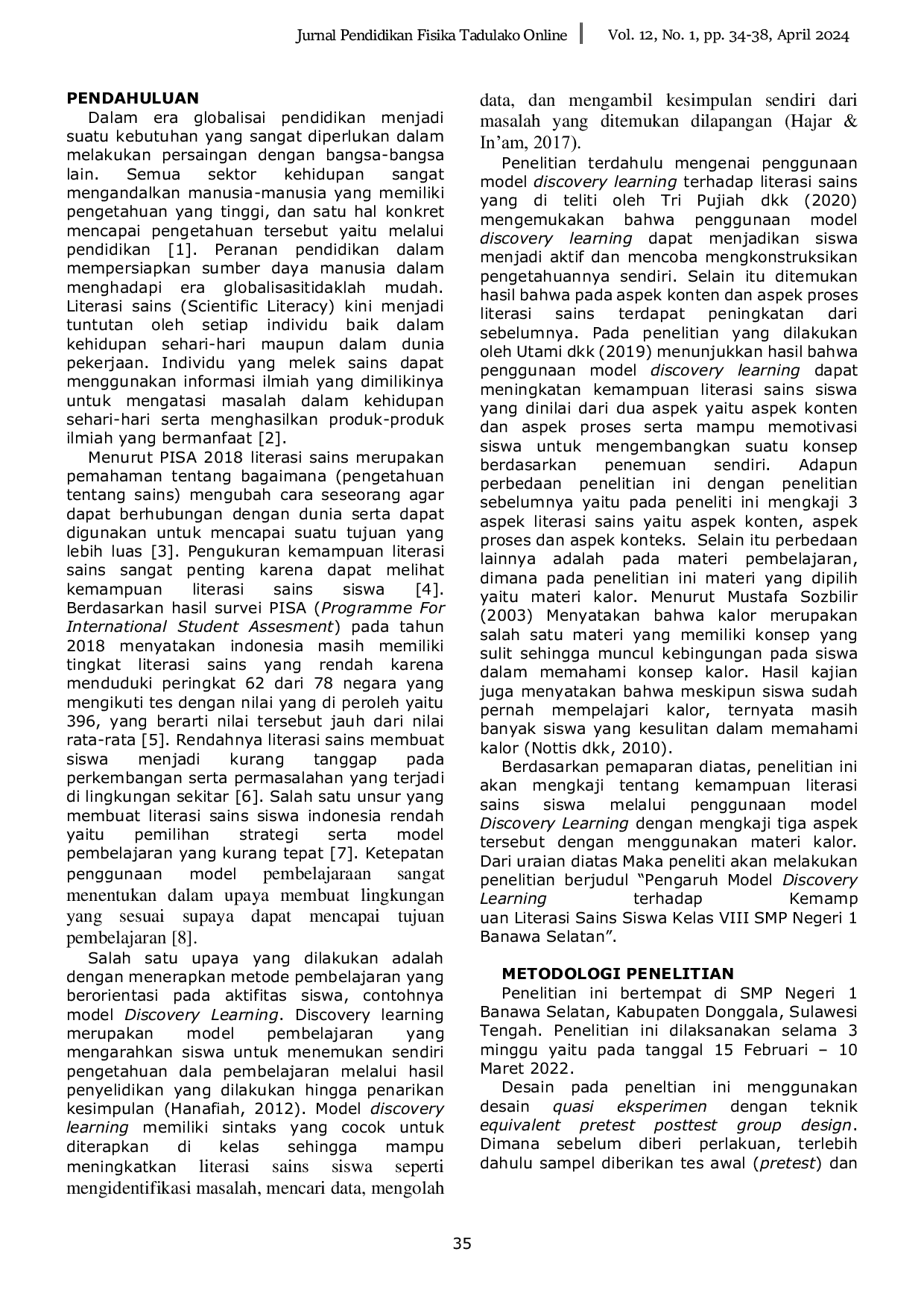 JURIS Pengaruh Model Discovery Learning Terhadap Kemampuan Literasi Sains Siswa Kelas VIII SMP Negeri 1 Banawa Selatan