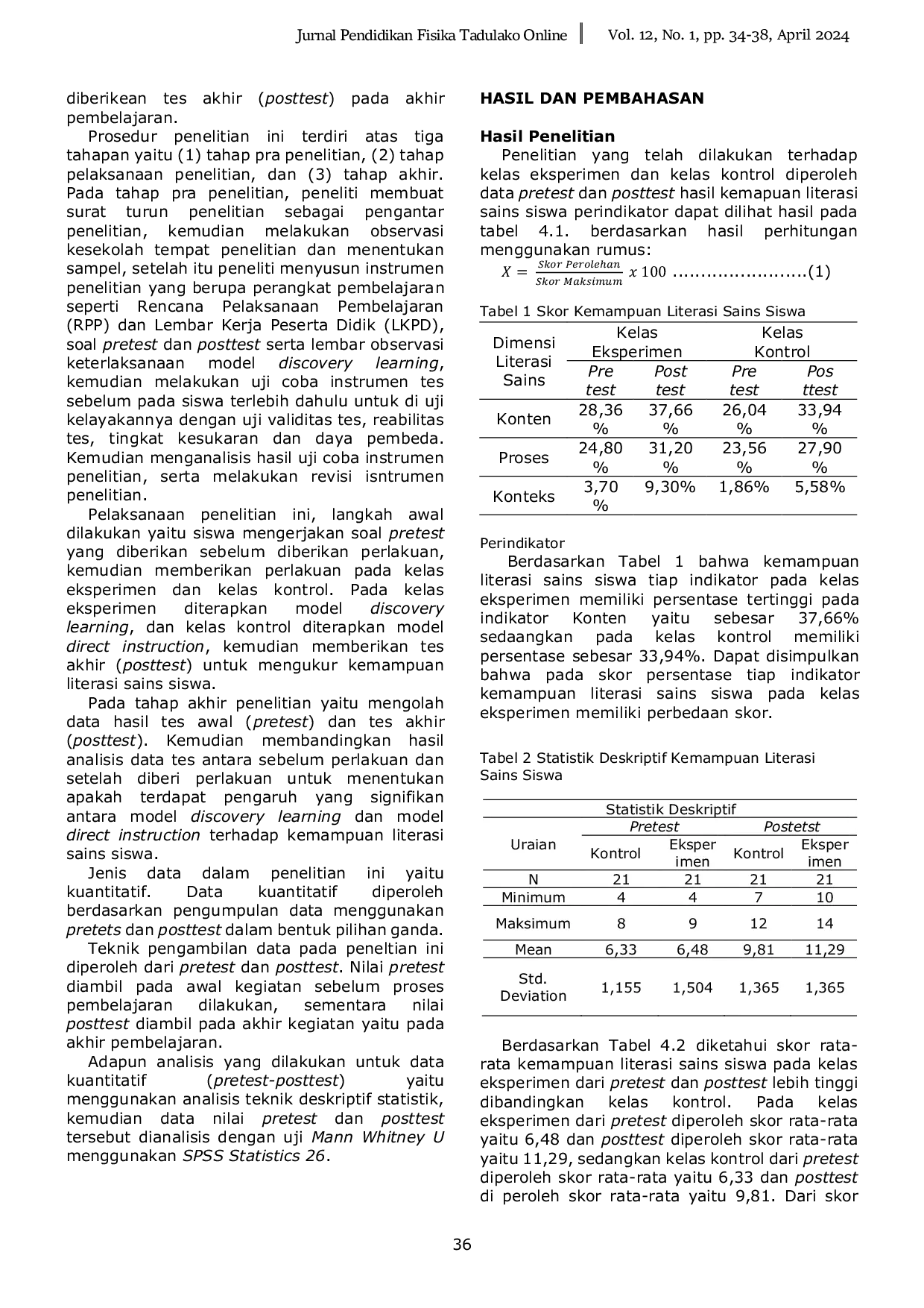 JURIS Pengaruh Model Discovery Learning Terhadap Kemampuan Literasi Sains Siswa Kelas VIII SMP Negeri 1 Banawa Selatan