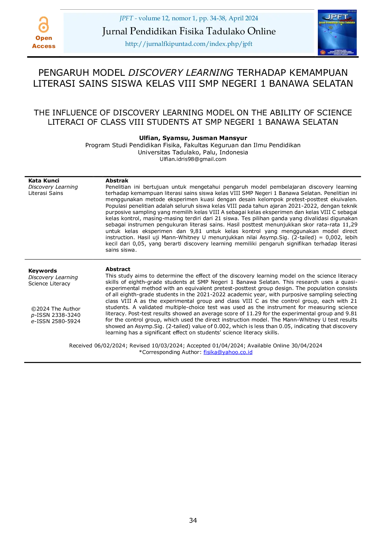 JURIS Pengaruh Model Discovery Learning Terhadap Kemampuan Literasi Sains Siswa Kelas VIII SMP Negeri 1 Banawa Selatan