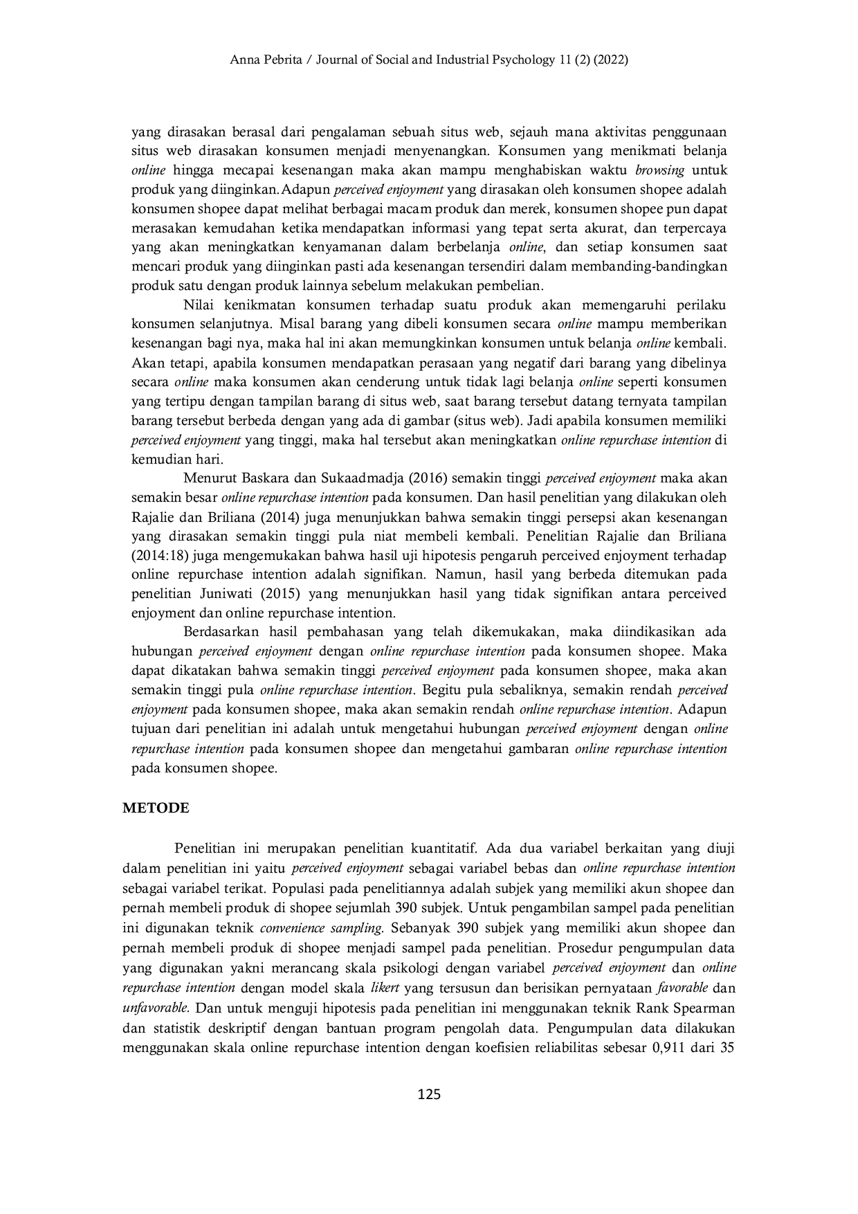 JURIS Online Repurchase Intention Ditinjau dari Perceived Enjoyment pada Konsumen Shopee