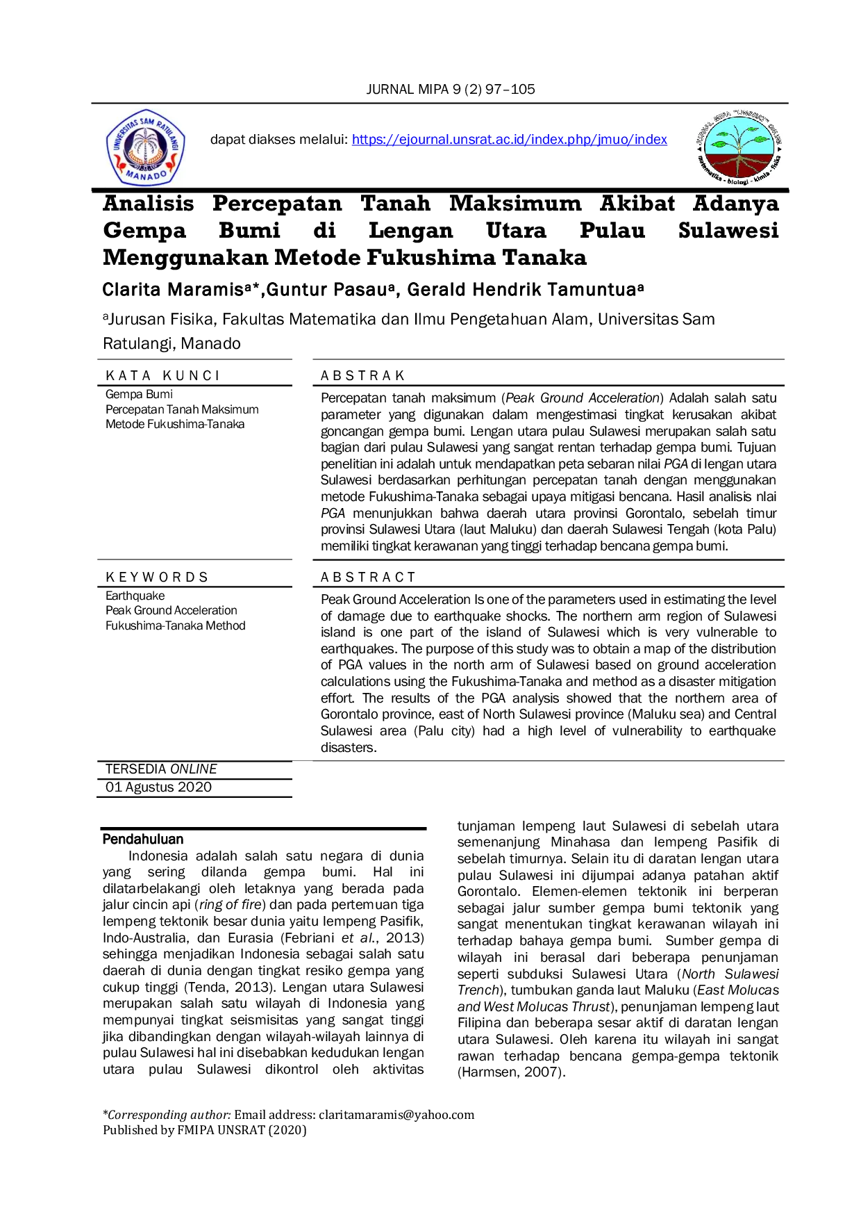 JURIS Analisis Percepatan Tanah Maksimum Akibat Adanya Gempa Bumi di Lengan Utara Pulau Sulawesi Menggunakan Metode Fukushima Tanaka