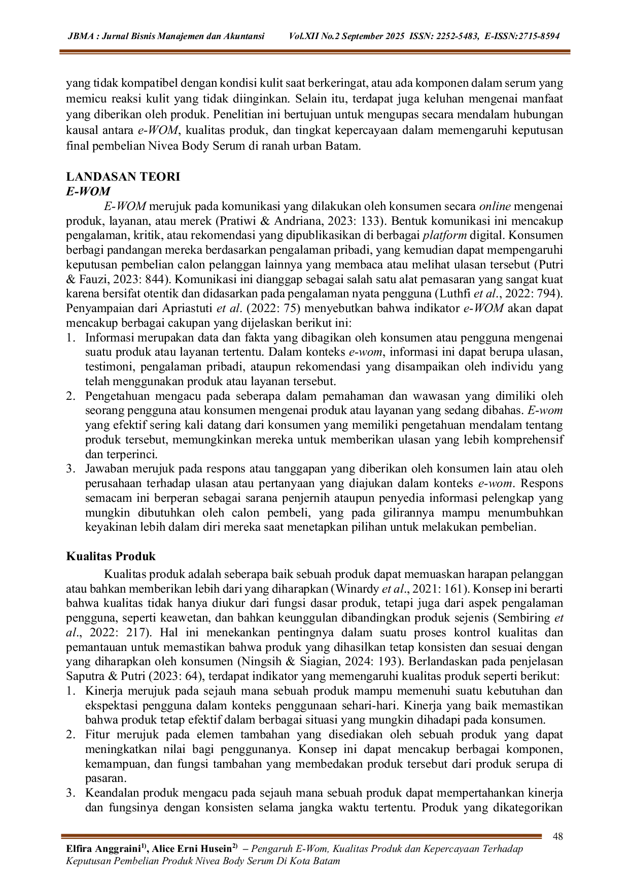 JURIS Pengaruh E Wom Kualitas Produk Dan Kepercayaan Terhadap Keputusan Pembelian Produk Nivea Body Serum Di Kota Batam