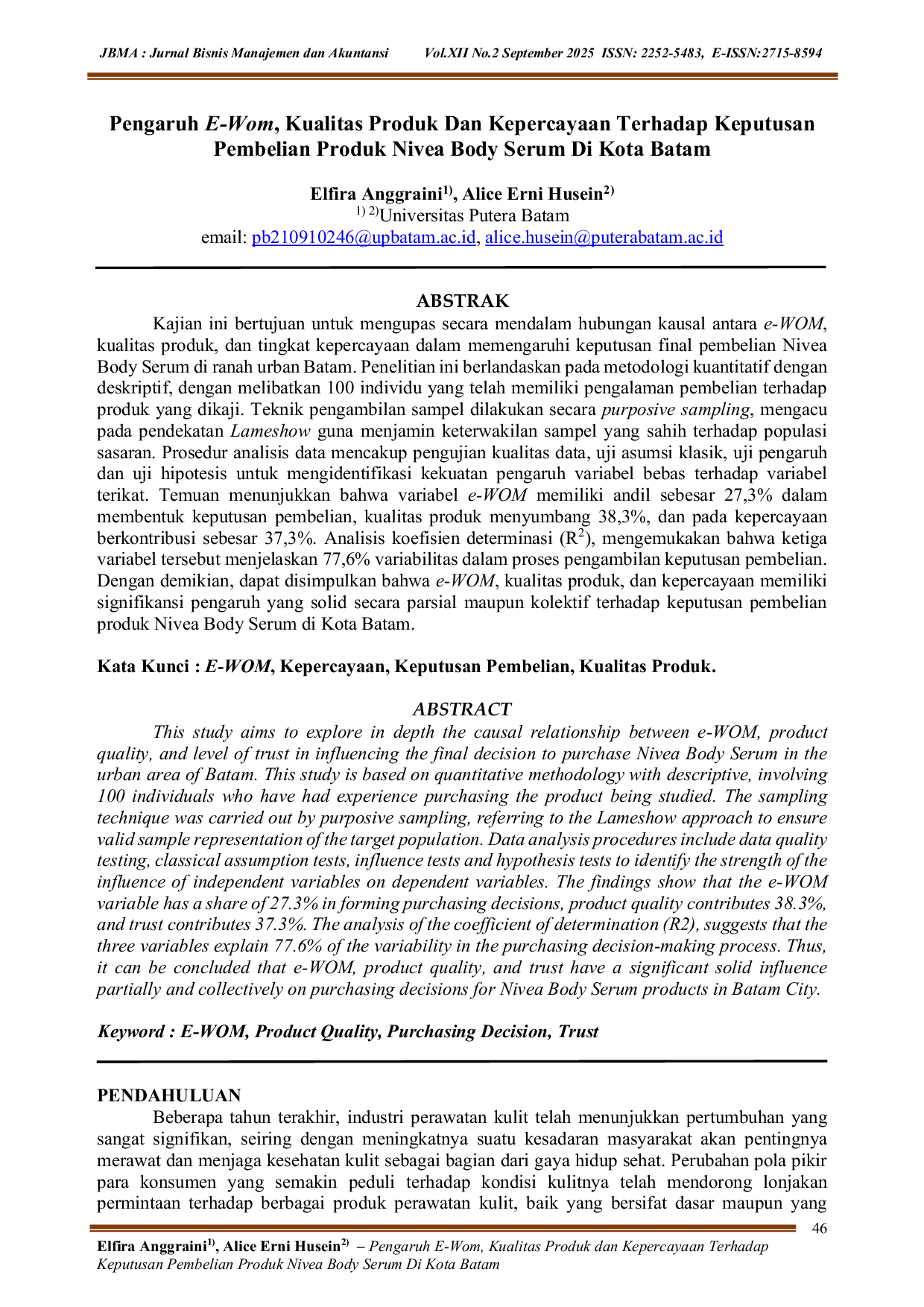 JURIS Pengaruh E Wom Kualitas Produk Dan Kepercayaan Terhadap Keputusan Pembelian Produk Nivea Body Serum Di Kota Batam